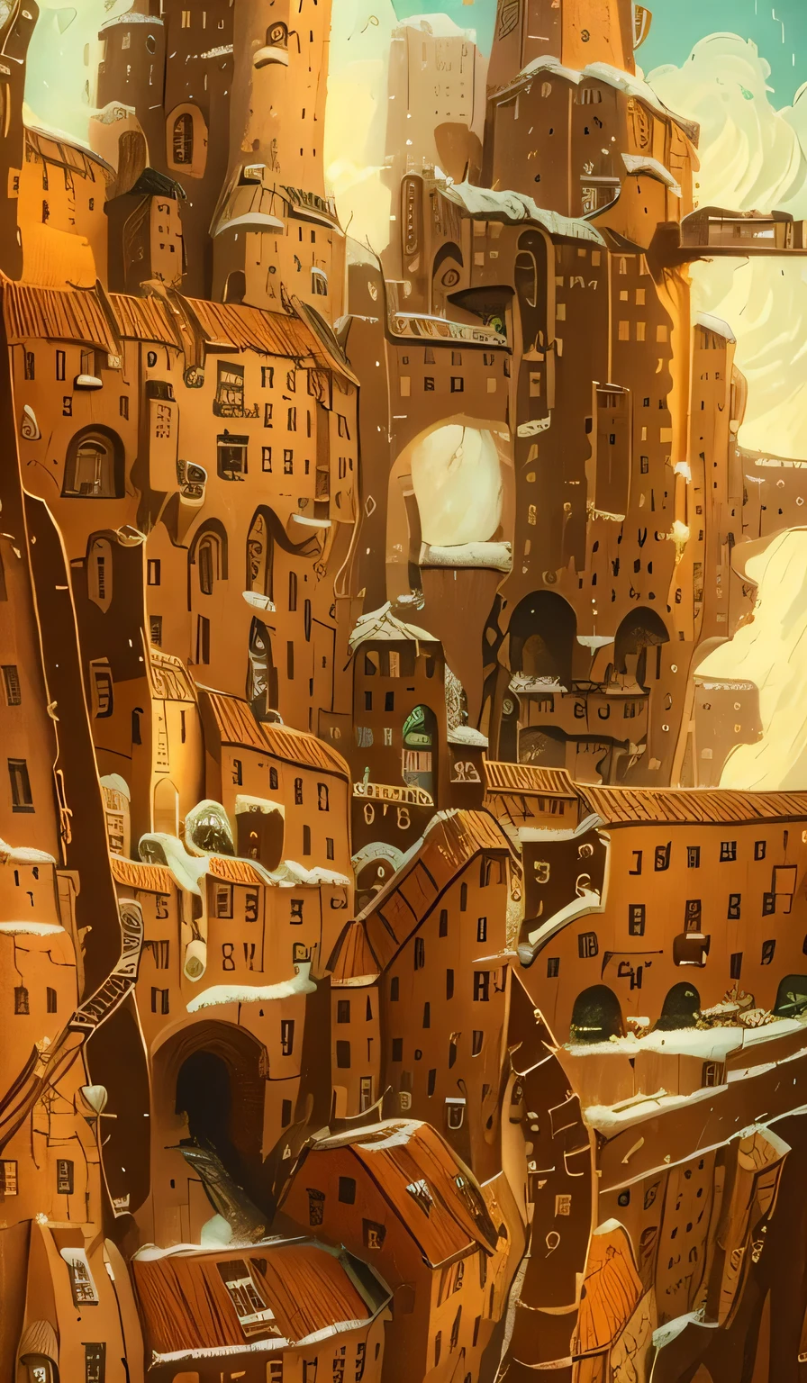 Valhalla, a large and structured city, Inspired by Anton Piek, steampunk ancient city, Steampunk village castle, steampunk city, mountain fortress city, Inspired by Ian McCue, inspired by Mattias Adolfsson, town along the cliff, medieval town, Fortress huge building city, Realistic paintings of the complex
