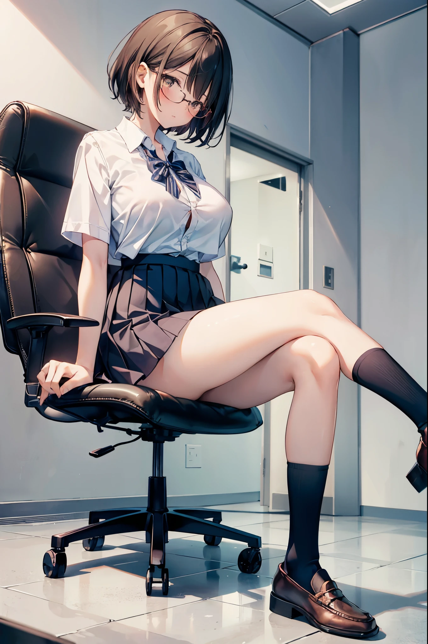 1 girl, glasses, (full body:1.2), sitting, (angle from below:1.1), (angle from the side:1.1), blush, (slim body:1.2), (huge breasts:1.3), (slender and long legs:1.1), black hair, short hair, white short sleeve shirt, pleated skirt, (navy blue socks:1.1), brown loafers,