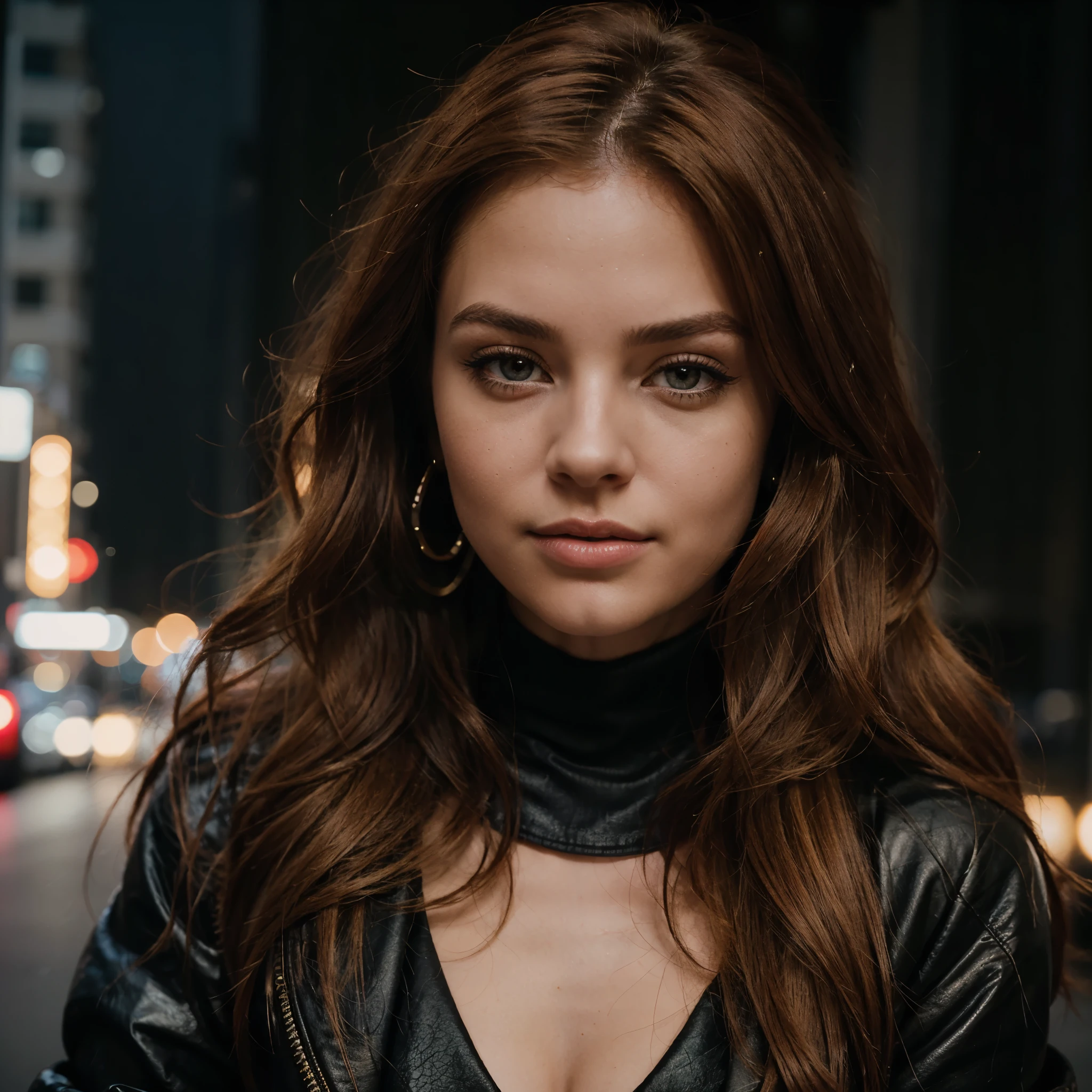 RAW uhd portrait of 24-year-old blonde, Natural red hair, castles, Wavy, (brown-eyed woman) In a chic urban setting during the evening, showcases her glamorous side. She wears a sleek, dark faux fur jacket paired with high-waisted skinny jeans and thigh-high boots with high heels. Accessorized with long statement earrings and a bold cuff bracelet, she poses confidently against the backdrop of city lights, creating a sultry and alluring atmosphere. Capture the essence of city lights glam with a mix of posed and candid shots in a realistic photography style (cutout), Detailed (textures!, Hair!, brightness, Color!, imperfections:1.1), High detail of light eyes, (looking at the camera), specular lighting, dslr, ultra quality, sharp-focus, Sharp, Depth of field, Film grain, (centered), Fujifilm XT3, Crystal clear, The center of the frame, cute face, sharp-focus, bokeh, (dimly lit), Low key.