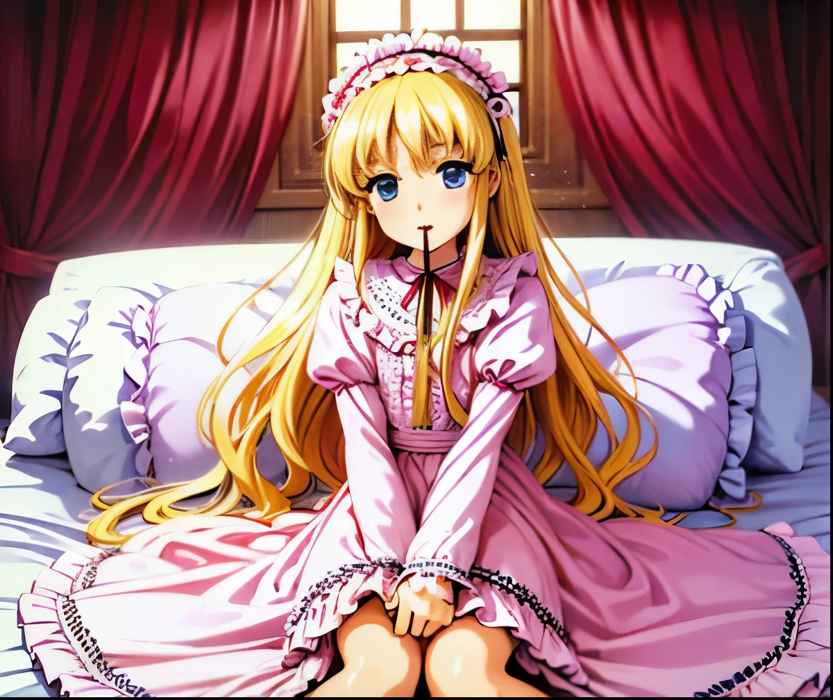 ,highest quality, masterpiece, highest resolution, artwork, super それにget used to it, many get used to it, get used to it, それにget used to it, 3K anime illustration,(( girl)),Super detailed baby face,hty small face,long blonde hair that grows to the waist,blue eyes,白い肌のeuropean,pajamas, european,(((super long blonde hair))),curly hair,blue eyes,((((ピンクのロリータファッションのlong skirtのワンピースドレス)))),((Pink dress with plenty of frills and ribbons)),((Luxurious headdress with frills and ribbons)),Detailed headdress,,(((big yoke collar))),Yoke collar with ruffles and ribbons,((((long sleeve)))),ruffle sleeves,((((long skirt)))),white ruffle and lace socks,large frill and ribbon pillow,(((fine pink costume))),ピンクの贅沢なcanopy bedの上,canopy bed,The bed is surrounded by luxurious curtains,many frilly pillows on the bed,super detailed background,detailed bed,soft pink comforter,soft ruffle pillow,Beautiful girl illustration,detailed beautiful face,detailed hair,detailed eye ,detailed eyes,detailed mouth, arm details,fine hands,Detailed pillow,wide bed,Illustration on the bed, ,((((round futon)))),((((A large ruffled futon that covers the entire bed)))),detailed comforter,detailed bedシーツ,Before bedtime,