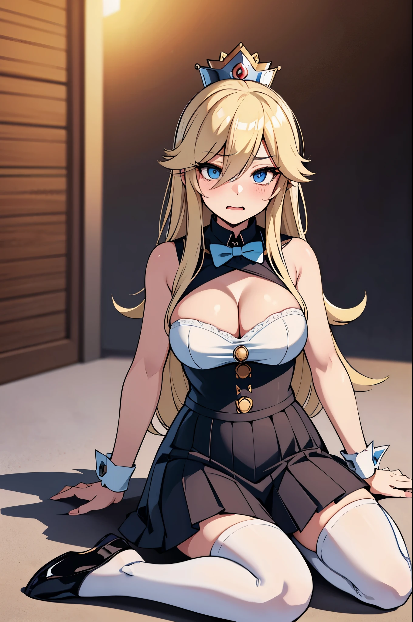 1 anime girl, super mario rosalina face, creame blonde hair, elegant straight hair, ((hair covering right eye)), (hair bangs over eye), ice blue eyes, (makeup and eyeliner), blushing, screaming terrified face, scared looked on her face, moaning mouth, (medium breasts), ((medium to large cleavage)), cute sexy sleeveless maid tunic, cute black pleated mini skirt, white school thigh highs, elegant white thigh highs, black loafer shoes, scared posture, holding herself tight from fear, mansion background, library near, full body fan art.
[[High quality]]
[[Best fan art]]
[[Sexy anime]]
[[Hot anime fan art]]