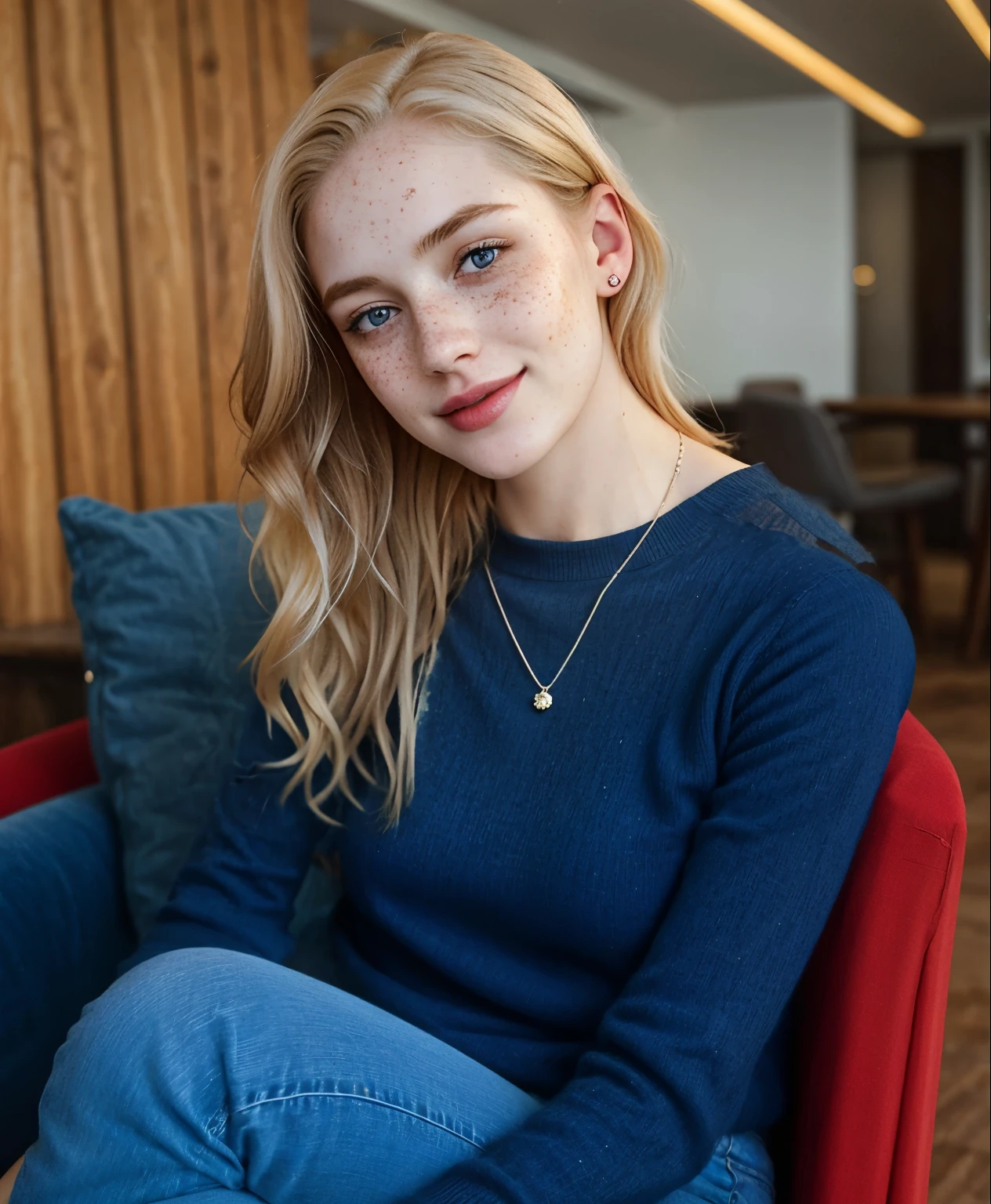 mulher, americana, 25 anos, pale skin and freckles, olhos cinzas, nariz delicado, soft and delicate lips, Cabelo blondie cinza longo e ondulados, sorriso meigo