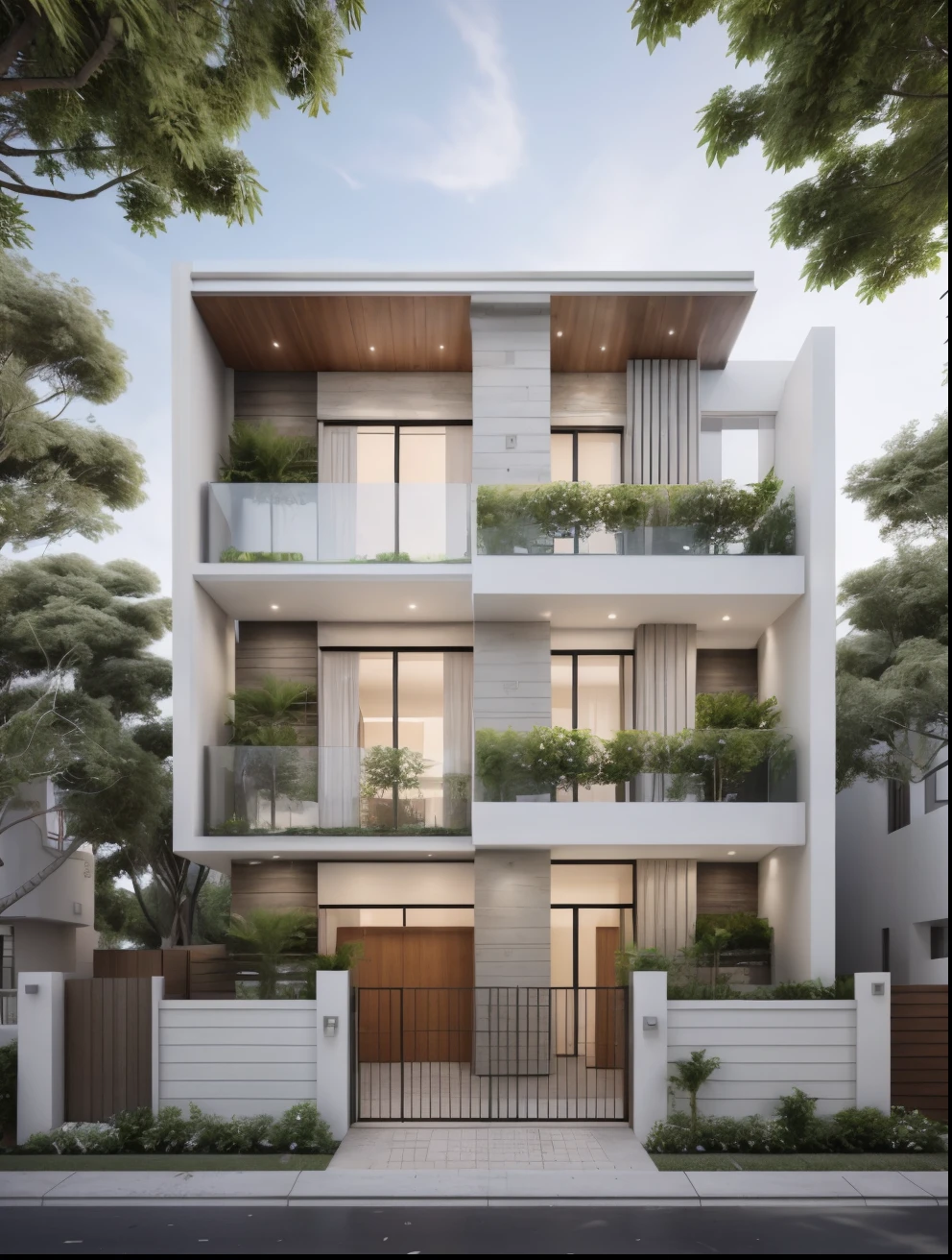 masterpiece, (photorealistic:1.2), best quality, ultra high res, exterior,architechture,modern house,white wall, glass windows,,trees,traffic road,design,trees around, blue sky,in the style of realistic hyper-detailed rendering, 32k uhd, low-angle, composite construction, piles/stacks, innovative page design, daylight,render( Vray:1.1)