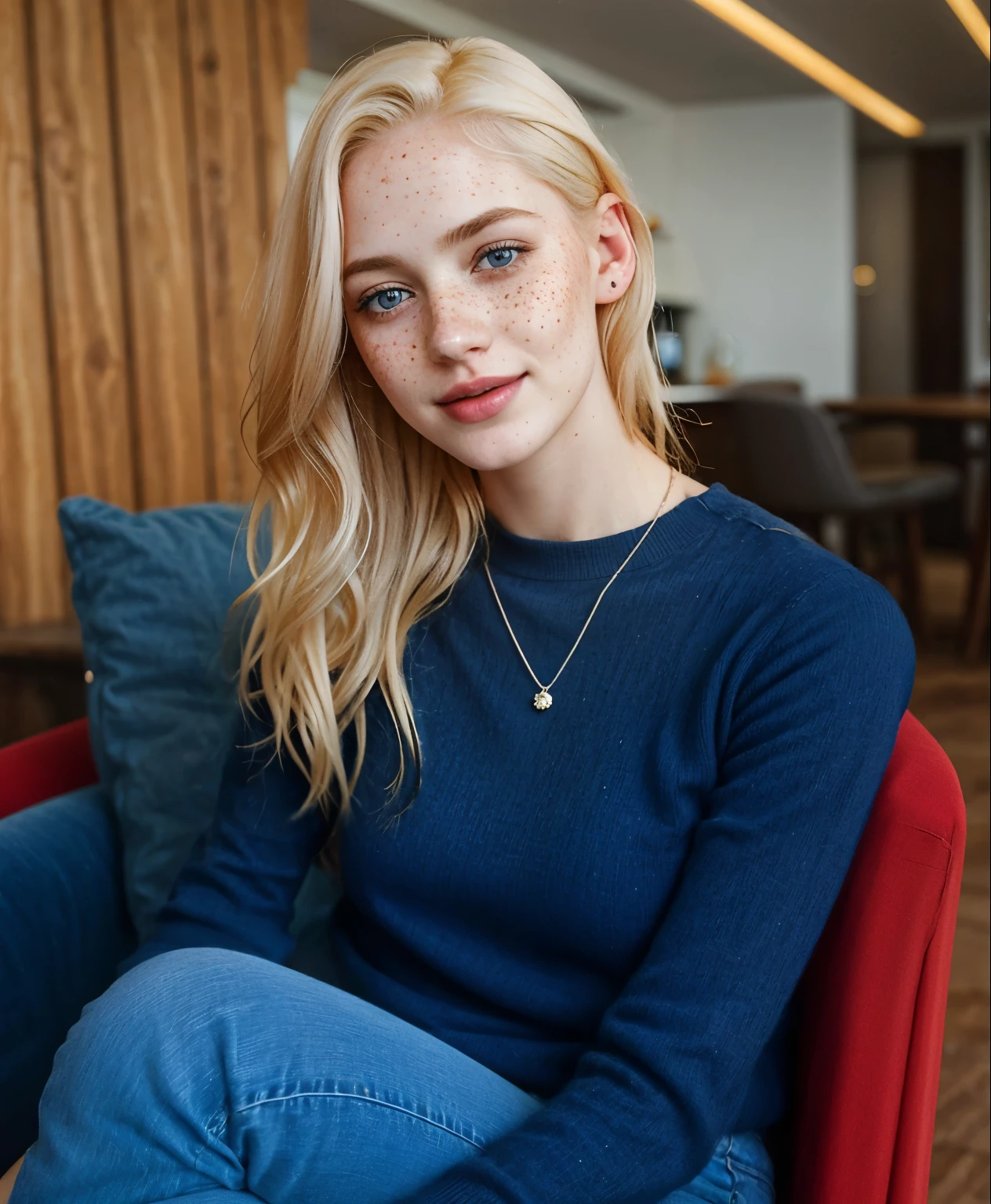 mulher, americana, 25 anos, pale skin and freckles, olhos cinzas, nariz delicado, soft and delicate lips, Cabelo blondie cinza longo e ondulados, sorriso meigo