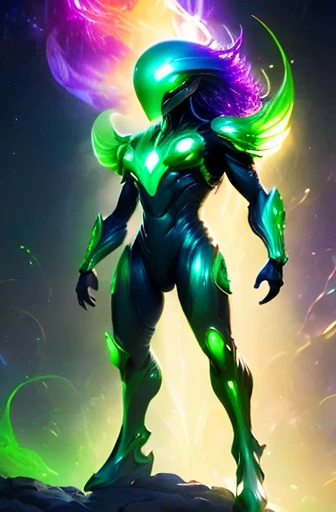 Create an image of a superhero that combines the otherworldly features of an alien with the familiar characteristics of a human. This hybrid being possesses a physique that seamlessly blends extraterrestrial attributes with human anatomy. Their skin should exhibit a luminescent green hue, hinting at their alien origins, while retaining a humanoid form recognizable to Earthlings.

This extraordinary hero harnesses the power of lightning and nature eco energy to protect the planet. Visualize bolts of crackling electricity emanating from their hands or coursing through their body, signifying their mastery over electric forces. Their eyes may glow with an otherworldly intensity, reflecting their connection to the cosmos.

Furthermore, envision the superhero adorned with elements of nature, such as vibrant greenery or intricate patterns resembling leaves and vines. These organic motifs symbolize their affinity for the natural world and their dedication to its preservation.

In the background, depict a dynamic environment that showcases both urban and natural landscapes. Perhaps the skyline of a bustling city juxtaposed with lush forests or cascading waterfalls, illustrating the superhero's dual role as a guardian of both civilization and the environment.

Overall, create an image that captures the essence of this alien-human hybrid superhero, blending elements of cosmic power, eco-consciousness, and electrifying strength in a visually striking and heroic composition.