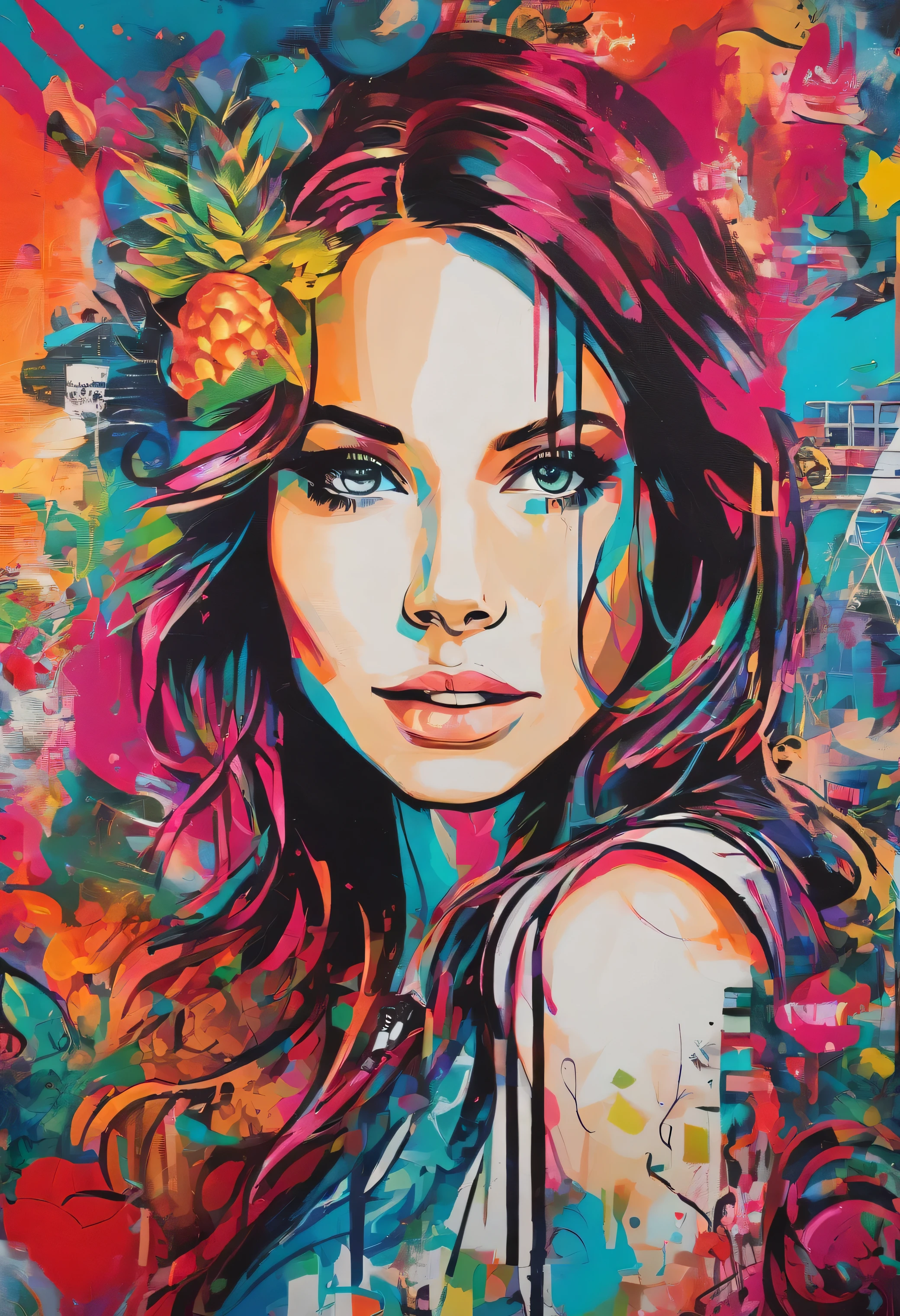 "close up, portrait of a young woman, hyper realistic, detailed face, The image should draw inspiration from the freshness of apple, the vitality of Vodka, the richness of raspberry, and the spritz of pineapple." set against a dynamic and colourful backdrop. The background should be abstract and vibrant, colours of Red Velvet, incorporating various shapes and patterns to create an artistic atmosphere."