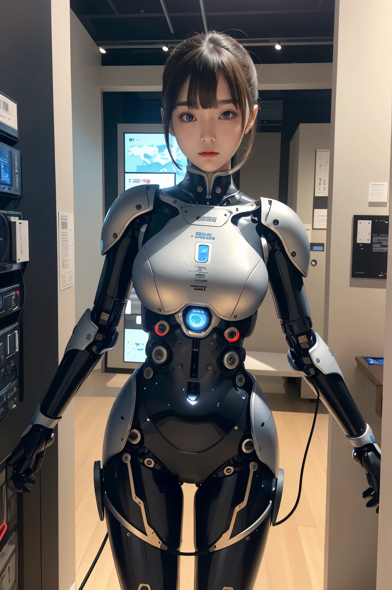 masterpiece, Best Quality, Extremely detailed, 8K portrait,Japaese android girl,Plump , control panels,Robot arms and legs, Blunt bangs,Charging spot,She has charged energy,She is exhibits,museum hall,blue eyes
