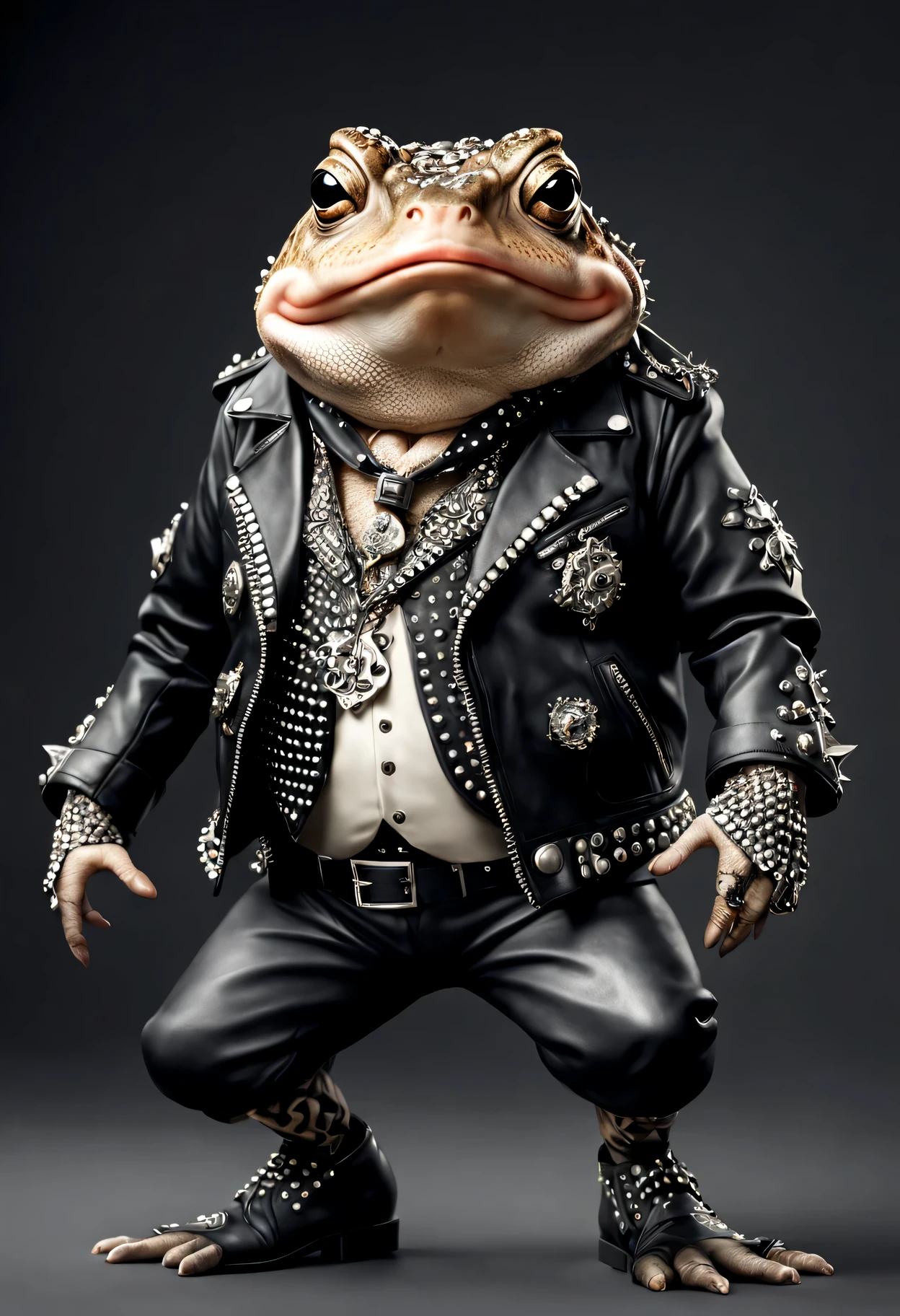 photorealistic portrait of Dressed animals - a ((fat) toad punk-rocker, (full body image:1.5), (dancing action pose:1.5), Wearing a tailored black leather jacket featuring intricate silver stud patterns reminiscent of sacred symbols, adorned in a modern punk-rock ensemble,, detailed and opulent description of modern punk-rock style, studio lighting, intricate ornate accessories, simple background