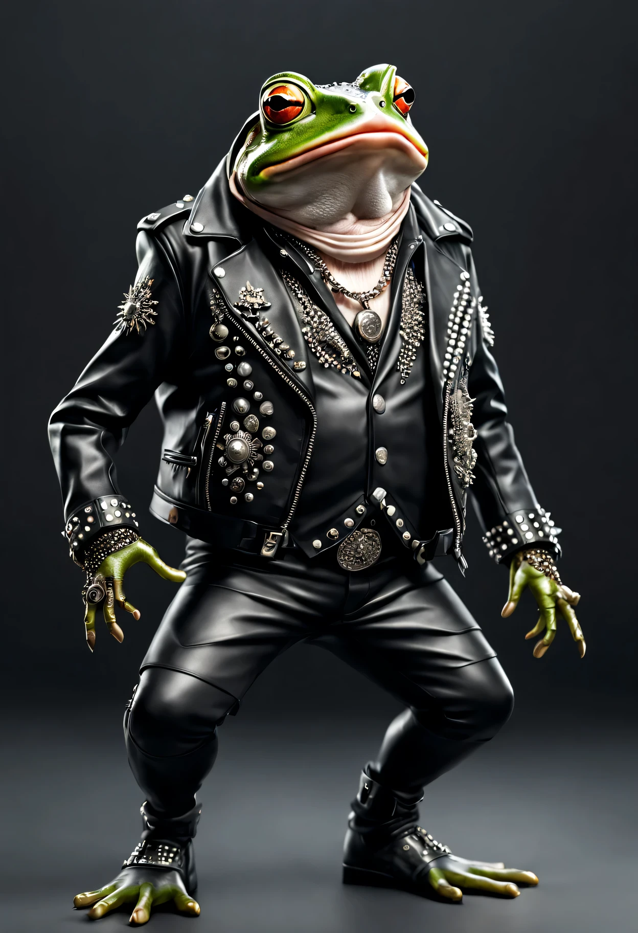 photorealistic portrait of Dressed animals - a ((fat) frog punk-rocker, (full body image:1.5), (dancing action pose:1.5), Wearing a tailored black leather jacket featuring intricate silver stud patterns reminiscent of sacred symbols, adorned in a modern punk-rock ensemble,, detailed and opulent description of modern punk-rock style, studio lighting, intricate ornate accessories, simple background