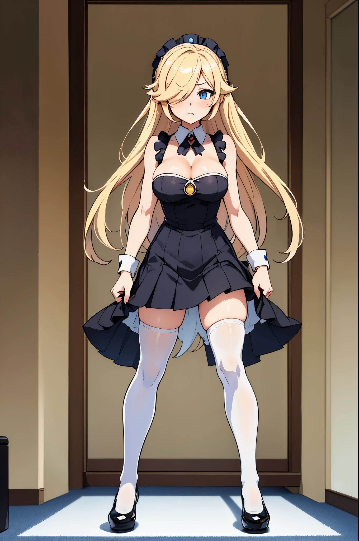 1 anime girl, super mario rosalina face, creame blonde hair, elegant straight hair, ((hair covering right eye)), (hair bangs over eye), ice blue eyes, (makeup and eyeliner), blushing, screaming terrified face, scared looked on her face, moaning mouth, (medium breasts), ((medium to large cleavage)), cute sexy sleeveless maid tunic, cute black pleated mini skirt, white school thigh highs, elegant white thigh highs, black loafer shoes, scared posture, holding herself tight from fear, mansion background, library near, full body fan art.
[[High quality]]
[[Best fan art]]
[[Sexy anime]]
[[Hot anime fan art]]