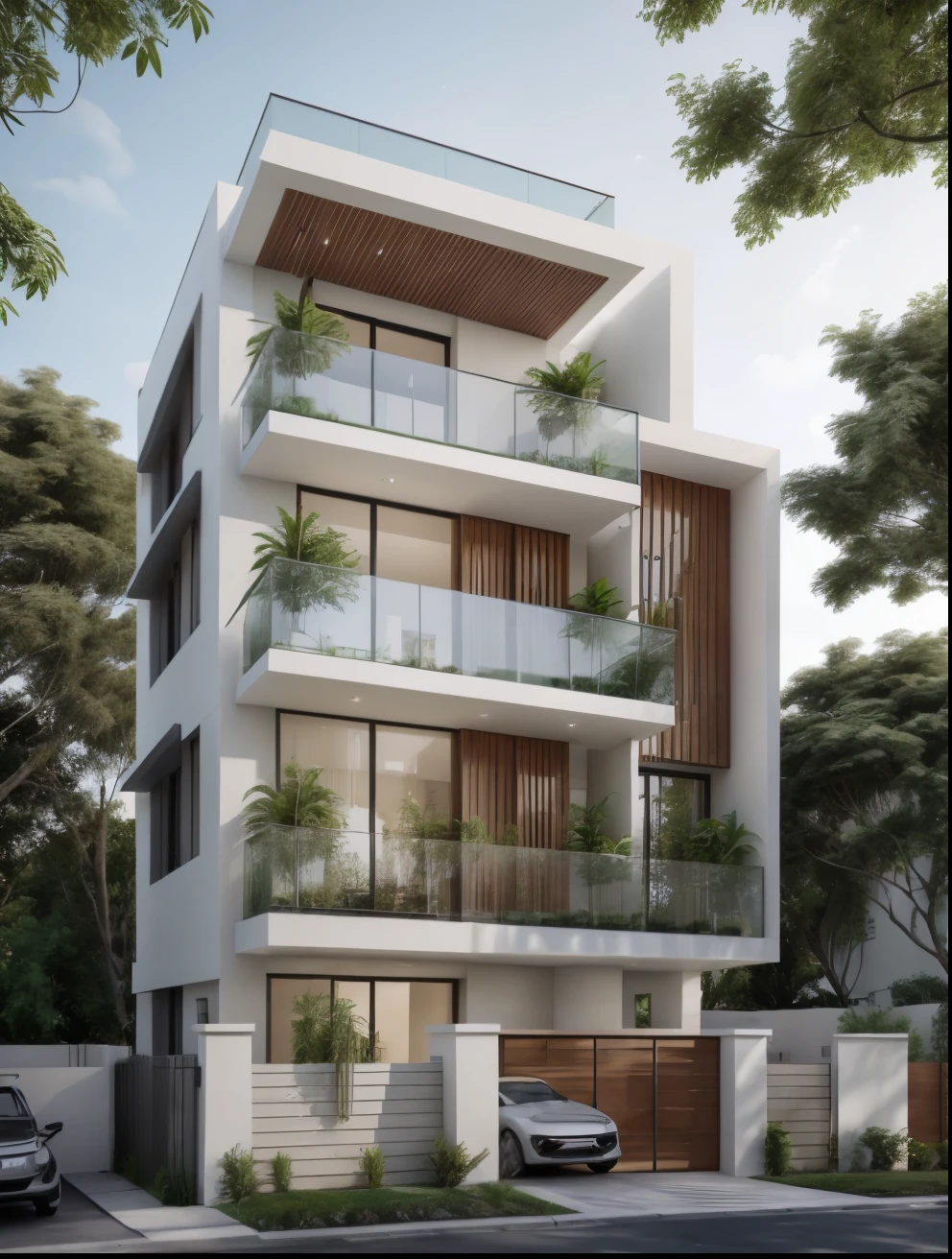 masterpiece, (photorealistic:1.2), best quality, ultra high res, exterior,architechture,modern house,white wall, glass windows,,trees,traffic road,design,trees around, blue sky,in the style of realistic hyper-detailed rendering, 32k uhd, low-angle, composite construction, piles/stacks, innovative page design, daylight,render( Vray:1.1)