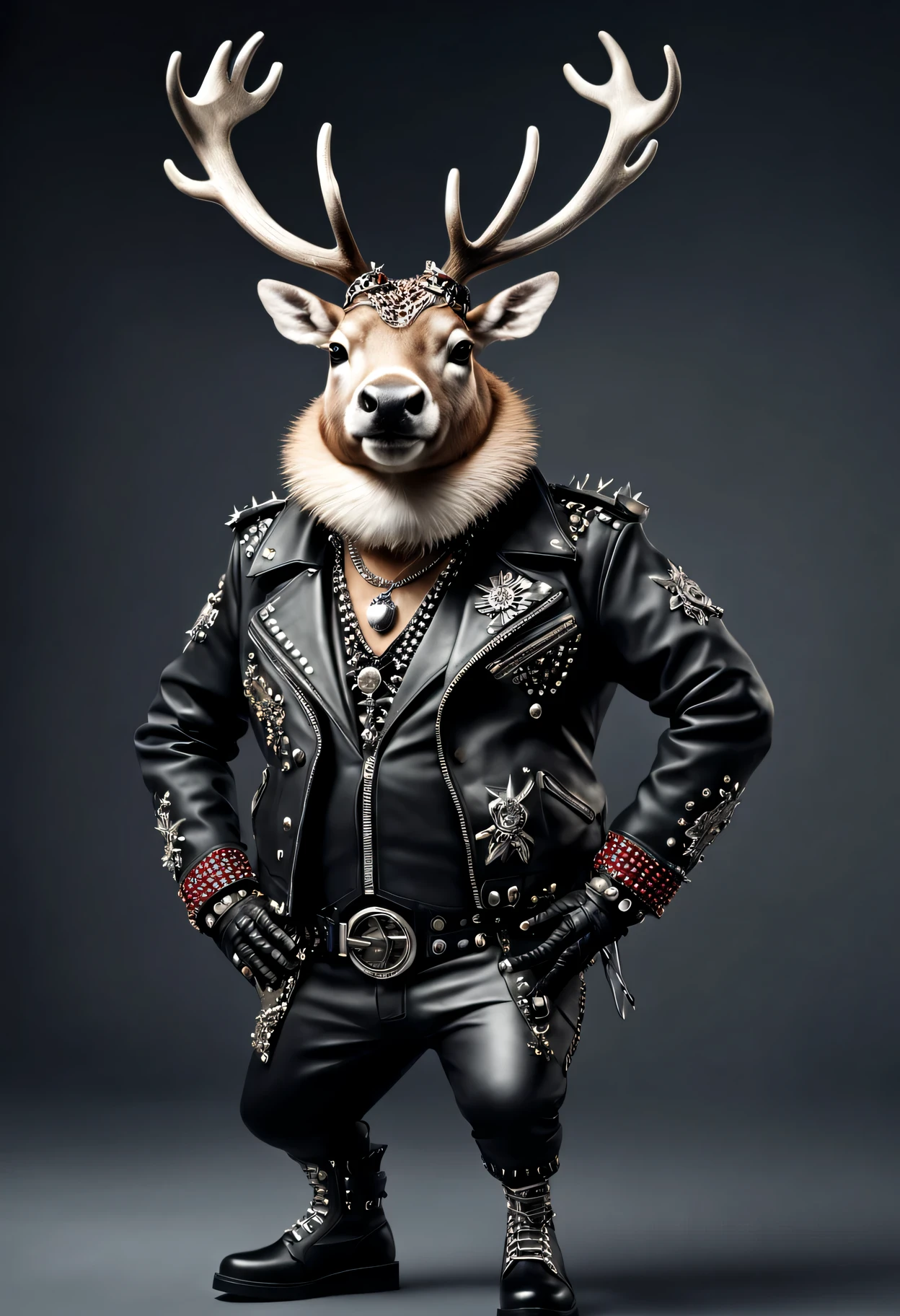 photorealistic portrait of Dressed animals - a ((fat) reindeer punk-rocker, (full body image:1.5), (dancing action pose:1.5), Wearing a tailored black leather jacket featuring intricate silver stud patterns reminiscent of sacred symbols, adorned in a modern punk-rock ensemble,, detailed and opulent description of modern punk-rock style, studio lighting, intricate ornate accessories, simple background