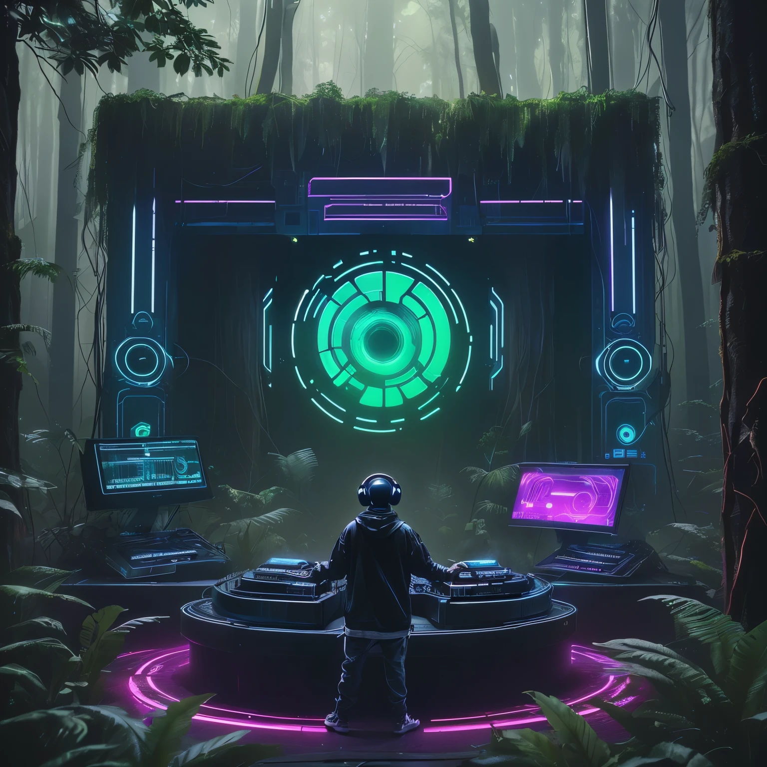 there is a man standing in front of a large screen with a laptop, cyber monkey in science fiction forest, beeple-style hybrid mix, forest scene in cyber space, floresta ciberpunk, 3D rendering beep, no estilo de beeple, estilo bipe, arstation e beeple altamente, Beeple e Mike Winkelmann