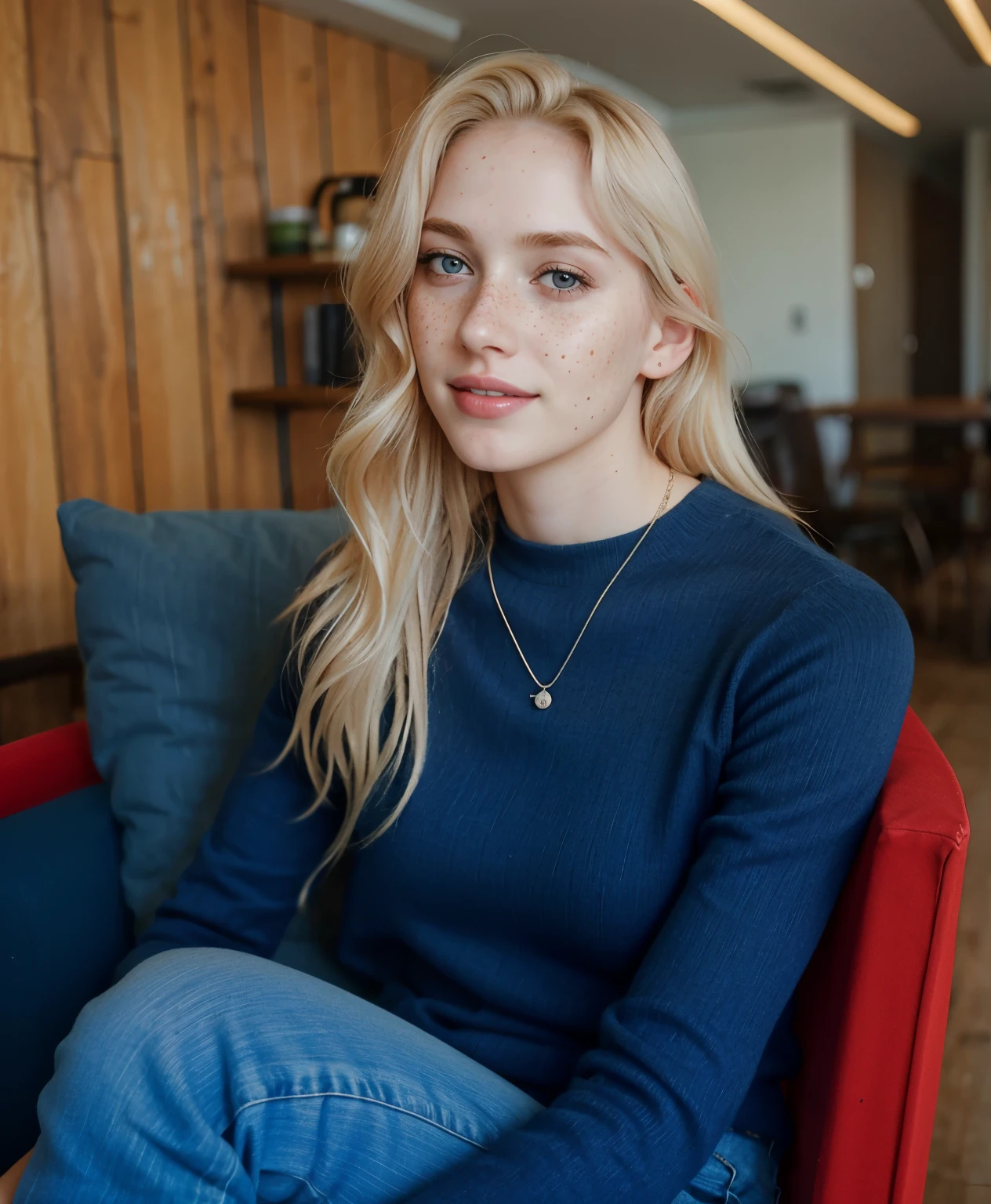 mulher, americana, 25 anos, pale skin and freckles, olhos cinzas, nariz delicado, soft and delicate lips, Cabelo blondie cinza longo e ondulados, sorriso meigo