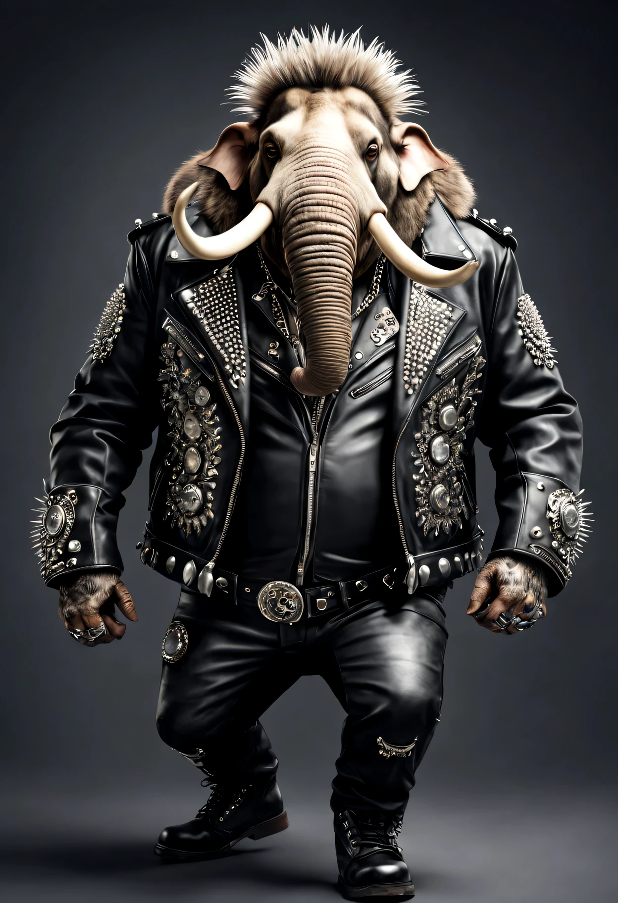 photorealistic portrait of Dressed animals - a ((fat) mammoth punk-rocker, (full body image:1.5), (dancing action pose:1.5), Wearing a tailored black leather jacket featuring intricate silver stud patterns reminiscent of sacred symbols, adorned in a modern punk-rock ensemble,, detailed and opulent description of modern punk-rock style, studio lighting, intricate ornate accessories, simple background