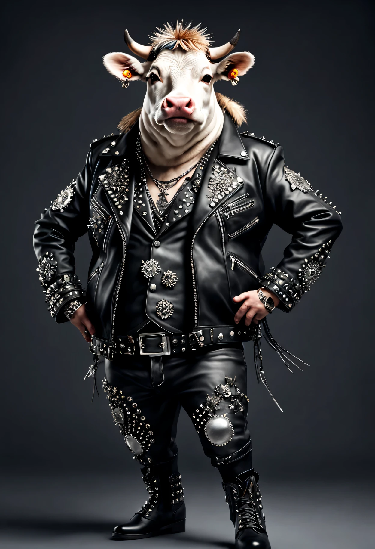photorealistic portrait of Dressed animals - a ((fat) cow punk-rocker, (full body image:1.5), (dancing action pose:1.5), Wearing a tailored black leather jacket featuring intricate silver stud patterns reminiscent of sacred symbols, adorned in a modern punk-rock ensemble,, detailed and opulent description of modern punk-rock style, studio lighting, intricate ornate accessories, simple background