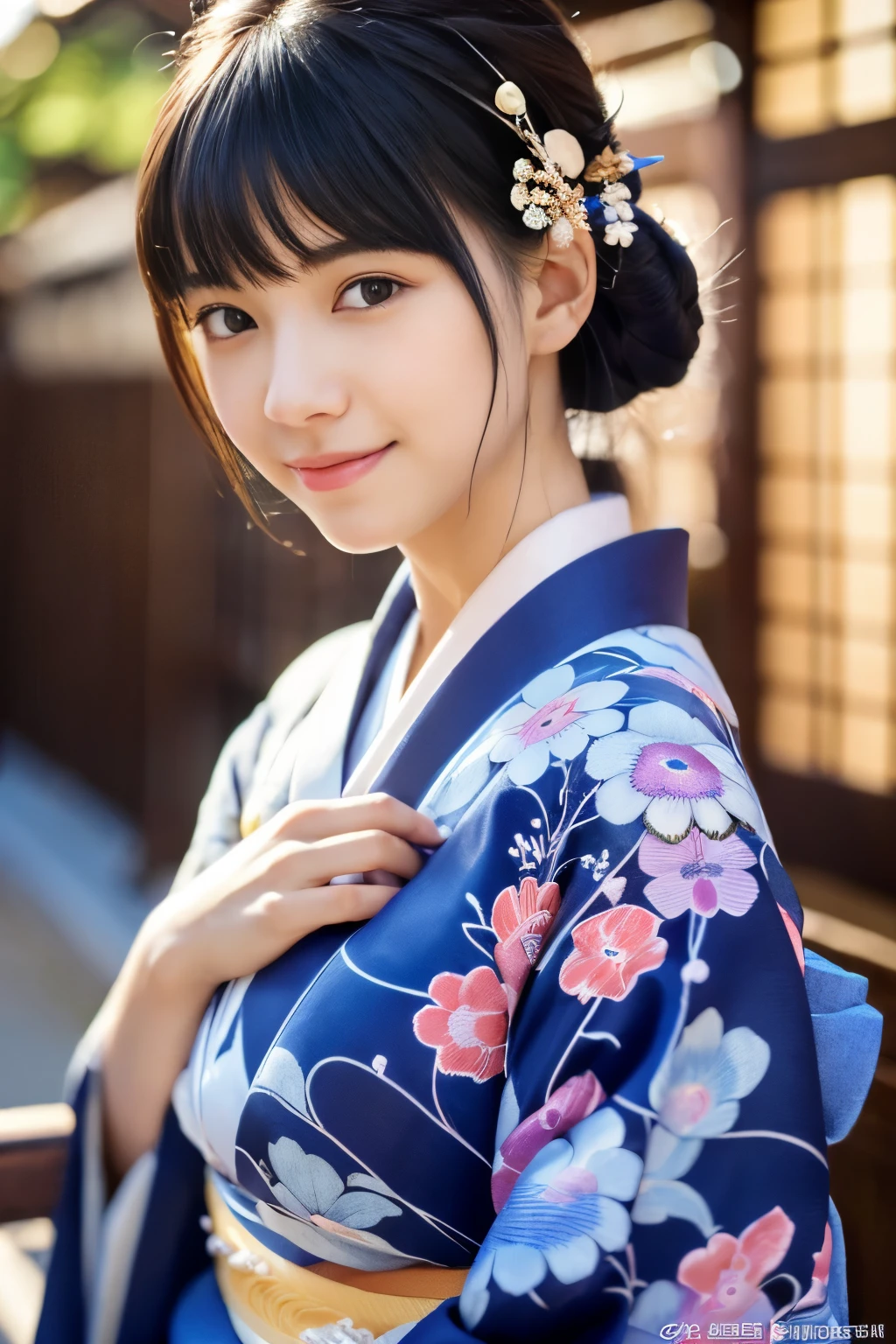 (8k, RAW photo, highest quality, masterpiece:1.2), super detailed, ultra high resolution, (realistic, photo realistic:1.37), portrait, High-definition RAW color photo, professional photos, very delicate and beautiful, very detailed, 8k wallpaper, wonderful, finely, huge file size, official art, very detailed CG unity 8k wallpaper, very detailed beautiful girl, very detailed face, very detailed eyes, very detailed skin, very detailed fingers, very detailed nose, very detailed mouth, perfect anatomy, very detailed背景, very detailed clothing, 1 girl, (18-year-old:1.2), teenage, cute girl, famous japanese idol, cute, (small breasts:1.2), realistic body, , Fair skin, shiny skin, slender body, good figure, black hair, tied hair, (dull bangs:1.2), smile, cute, young, cute face, realistic face, beautiful detailed eyes, droopy eyes, (kimono:1.4), intricate embroidery, earrings, (hair ornaments:1.2), looking at the viewer, cowboy shot, facing the front, standing posture, Contrasting, outdoors, (night:1.4), Japanese style, Kyoto, dynamic lighting,