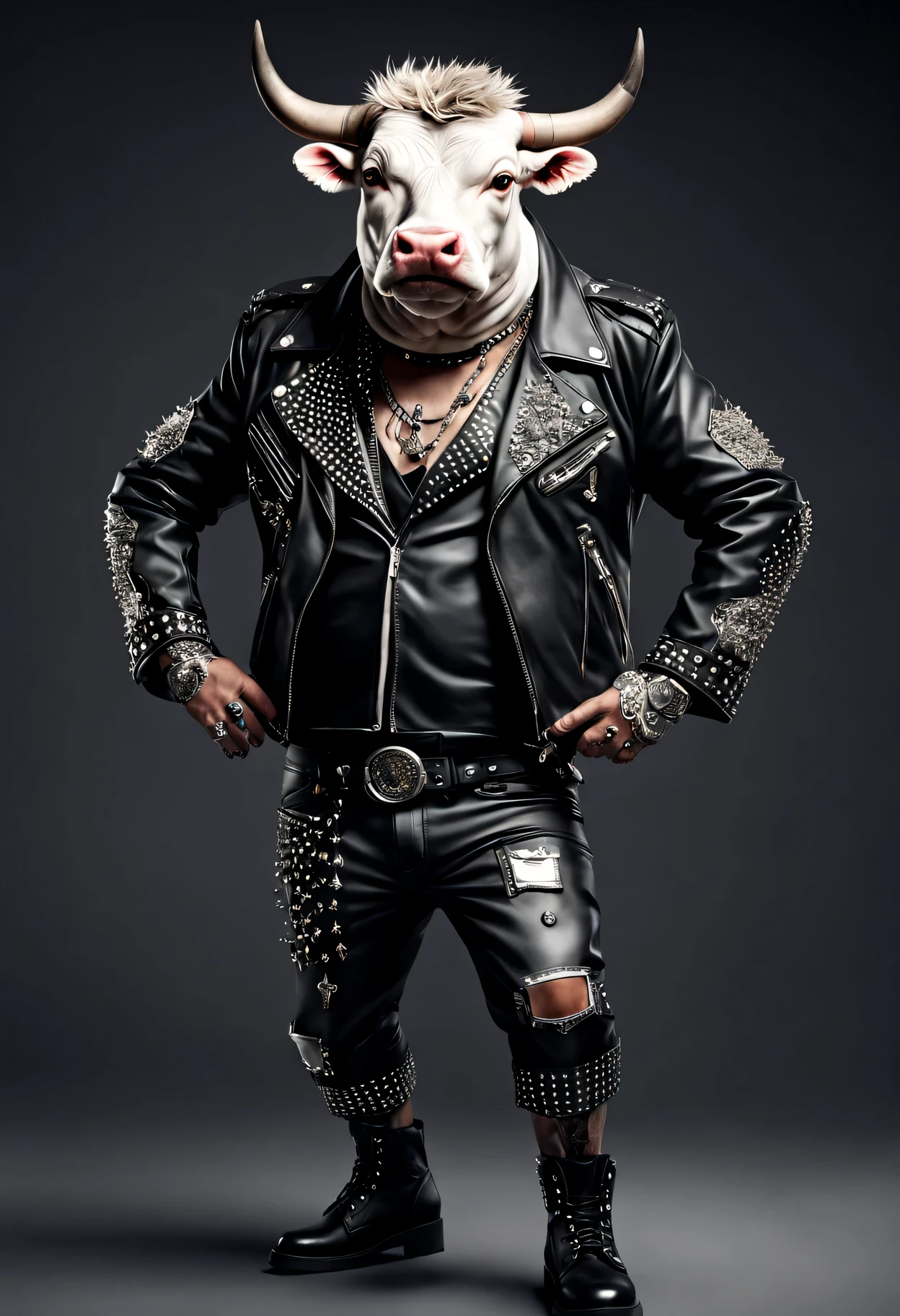 photorealistic portrait of Dressed animals - a ((fat) bull punk-rocker, (full body image:1.5), (dancing action pose:1.5), Wearing a tailored black leather jacket featuring intricate silver stud patterns reminiscent of sacred symbols, adorned in a modern punk-rock ensemble,, detailed and opulent description of modern punk-rock style, studio lighting, intricate ornate accessories, simple background