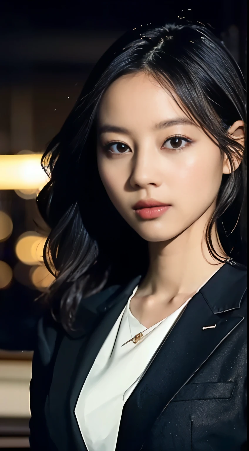 dark and gloomy, 8k, Close-up of a 30-year-old brunette Brazilian businessman on a dark background at night, (Real dark brown hair is straight、there are waves of light) , compensate, red lips, brown eyes, (Wearing a black Chanel tailored blazer, Black silk blouse and black straight pants), looking confident, surreal, {girl with very beautiful olive skin},  (highly detailed skin: 1.2) {{{masterpiece}}}, realistic texture, dynamic composition, Fujifilm XT2, 85mm F1.2, shutter speed 1/80, (Bokeh), high contrast、