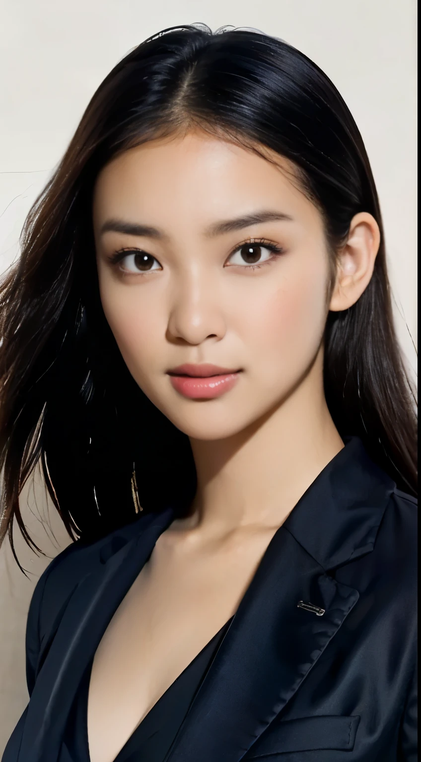 dark and gloomy, 8k, Close-up of a 30-year-old brunette Brazilian businessman on a dark background at night, (Real dark brown hair is straight、there are waves of light) , compensate, red lips, brown eyes, (Wearing a black Chanel tailored blazer, Black silk blouse and black straight pants), looking confident, surreal, {girl with very beautiful olive skin},  (highly detailed skin: 1.2) {{{masterpiece}}}, realistic texture, dynamic composition, Fujifilm XT2, 85mm F1.2, shutter speed 1/80, (Bokeh), high contrast、