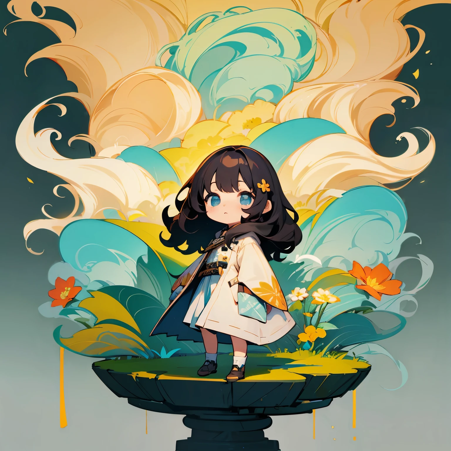 Chibi、pedestal、simple background、Wavy Hair Woman、wearing a hooded coat、bright forest with blooming flowers