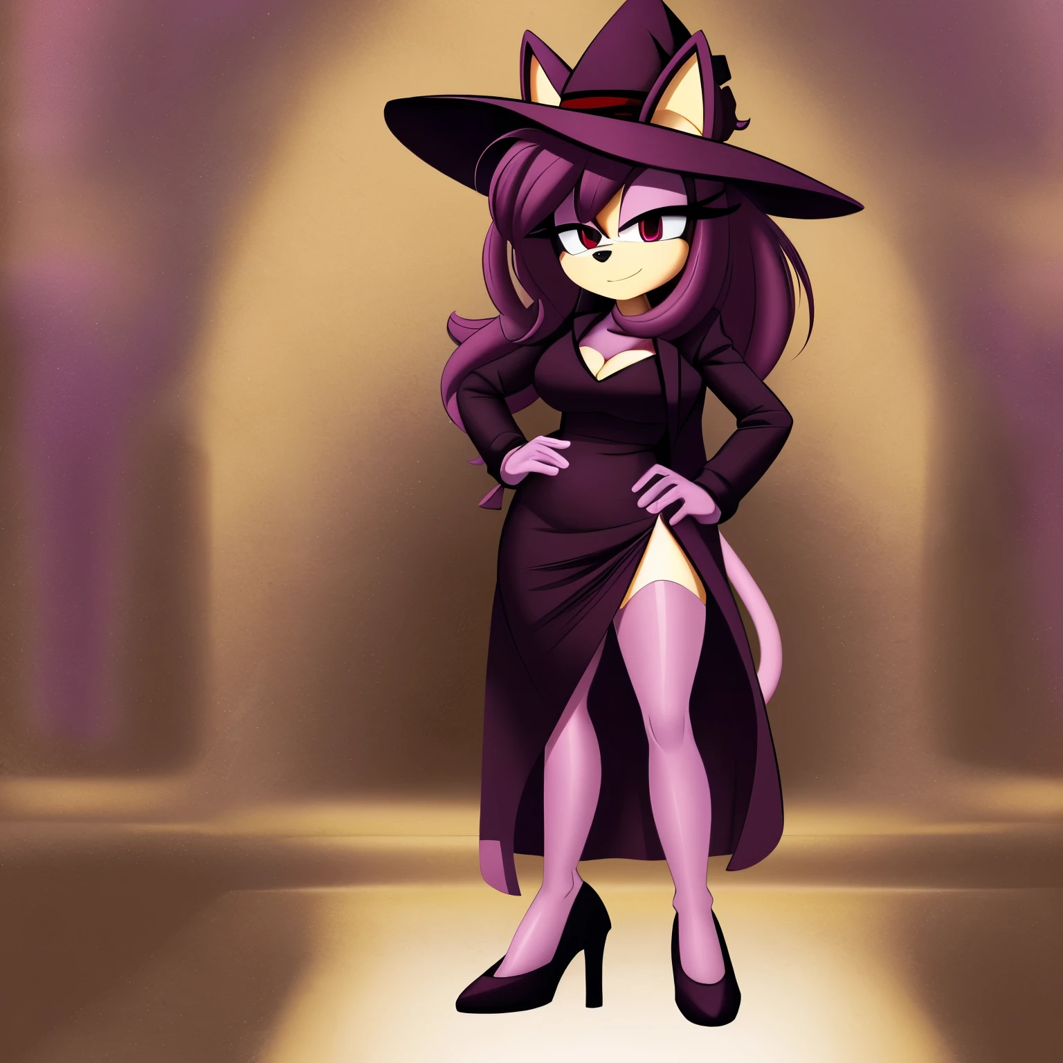 Female, mobian, dark purplish maroon fur, (long sleeve), black tube dress, ((long coat)), (dark purplish maroon lab coat), (black high heels), red eyes , red eyes, (average sized breasts), cleavage, lab coat over dress, ((((masterpiece)))), Female, Mobian, Cat, Amy Rose hair style, large hair bangs, dark purplish maroon fur, red colored eyes, (black long sleeve tube dress), black high heels, open dark purplish maroon coat, (((open lab coat))), (very long coat), dark purplish maroon cat tail, (average sized breasts), ((perfect hourglass figure)), looking at viewer, one hand on hip, one hand at side, dark purplish maroon witch like hat