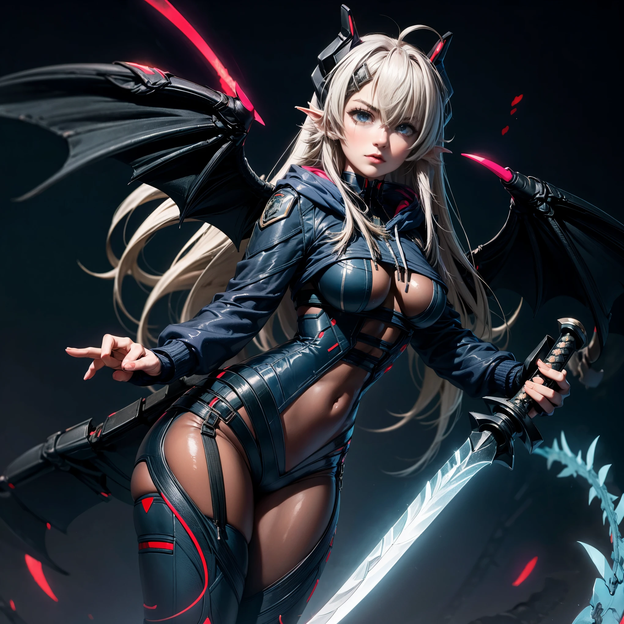 masterpiece, 8k, resolution, high quality, high resolution, best quality, extremally detailed, best resolution, absurd resolution, ray tracing, high detailed, masterpiece, extremely detailed,detailed angelic face, shoulder length white hair, female, 2 white fox ears, age girl, slime body, white scale dragon tail, military boots,black leggings, military combat pants, black T-shirt, white jacket open, medium size chest, detailed blue eyes,solo female,1 dragon tail, tomboyish, thick dragon tail, white scales, 2 dragon wings, white fluffy dragon wings, detailed face, holding a katana sword,very detailed, amazing details,solo female, 1 female, detailed dragon wings