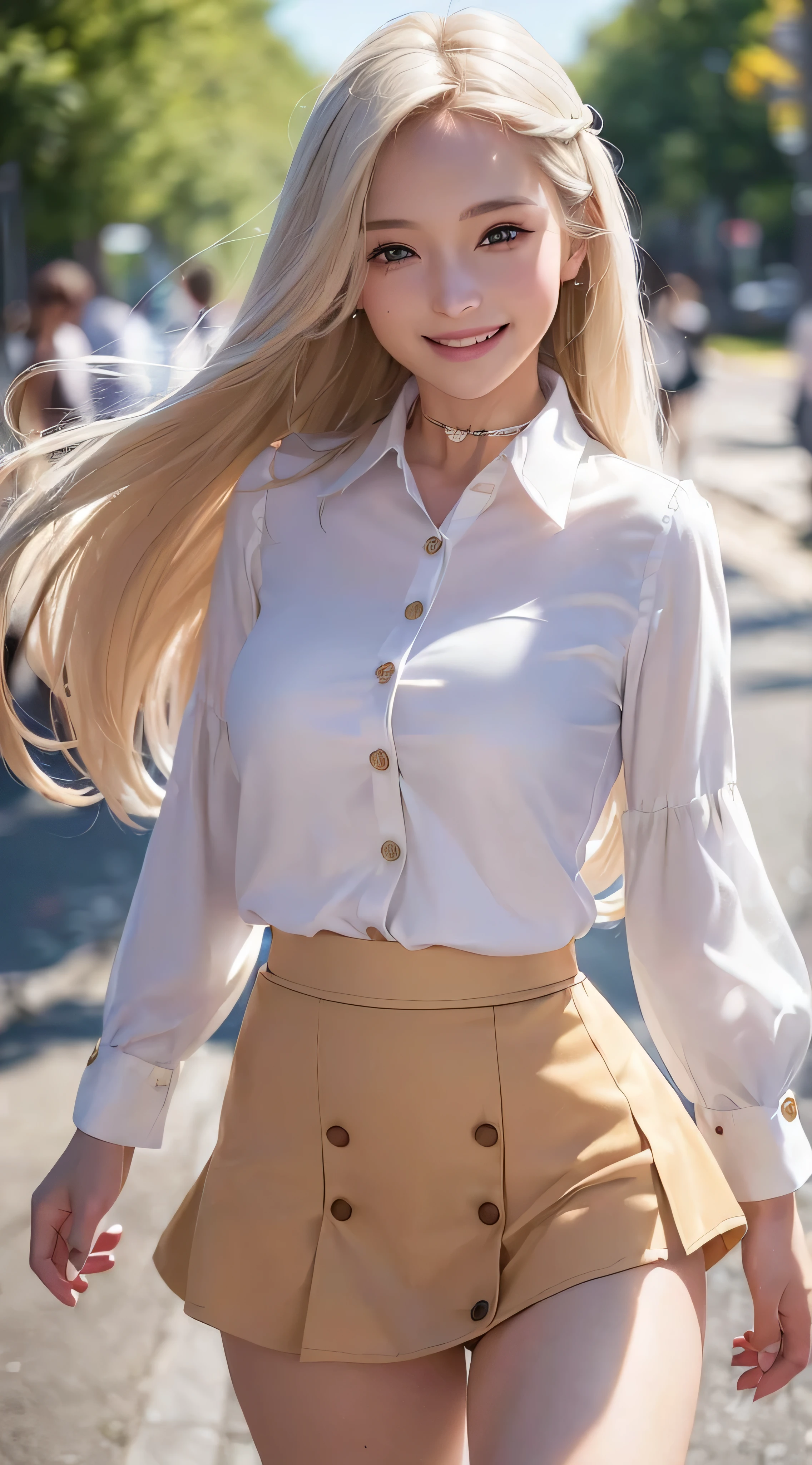 European and American women, Fashion Model, Glamour, Paparazzi took pictures of her, blonde hair, brown eyes, 8K, high quality, masterpiece, 最high quality, HD, very detailed、voluminous lighting, photorealistic、((white long sleeve button up blouse_with collar_Remove up to the second button＿white wrap mini skirt_Put the shirt inside the skirt:1.3)),((shy smile:1.3)),((With a smile_running towards here_Long hair fluttering_Breathtaking:1.3))