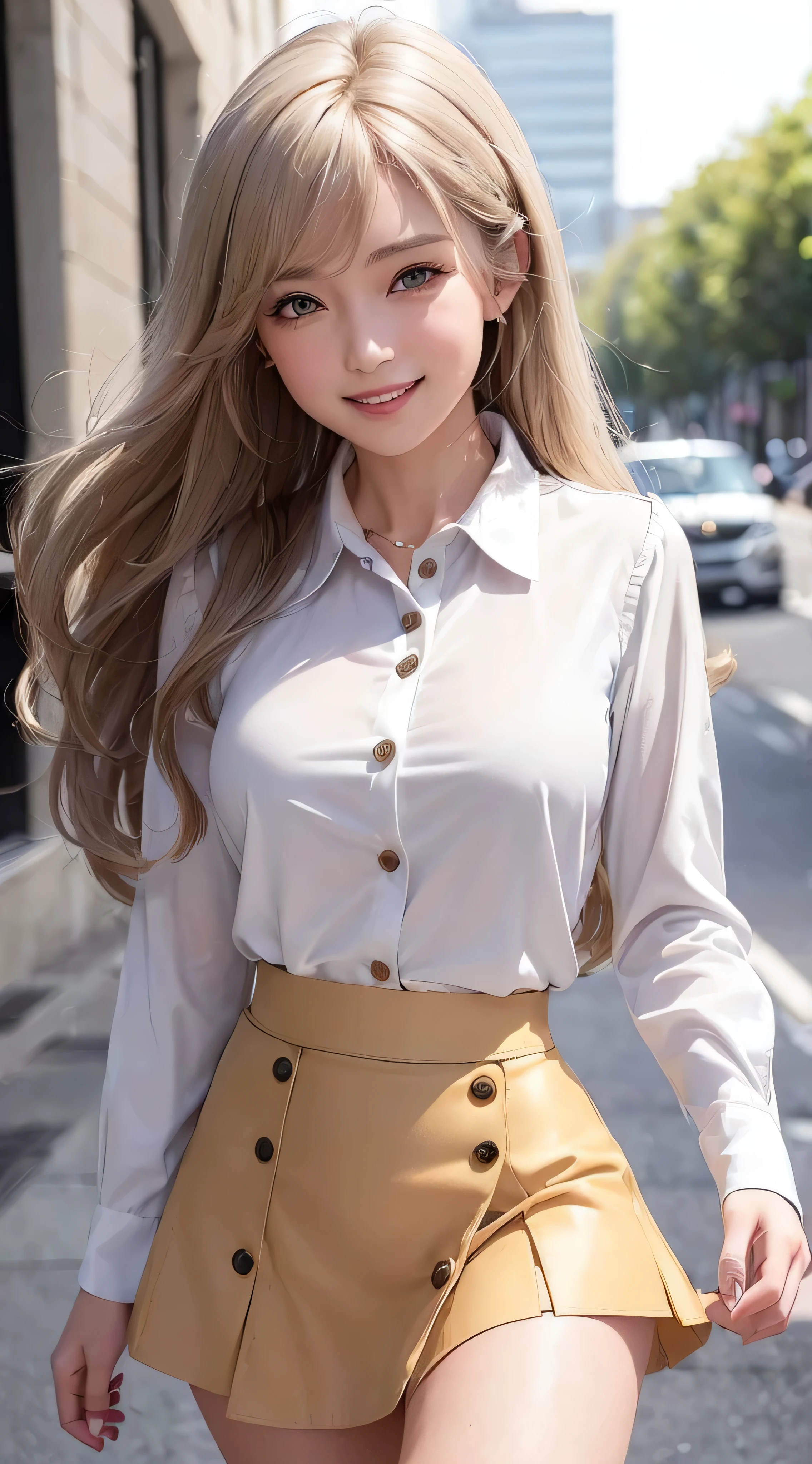 Highest quality、Highest quality、masterpiece、Highest pixels、Young Japanese woman、One woman、Golden Hair、Blonde Hair、office、Late 20s、Tight Skirt、Long legs、Smile、sunlight、sexy、Larger breasts、Long legs、whole body、Tight pants、White shirt、Realistic、Real、Realistic、Long, sharp eyes