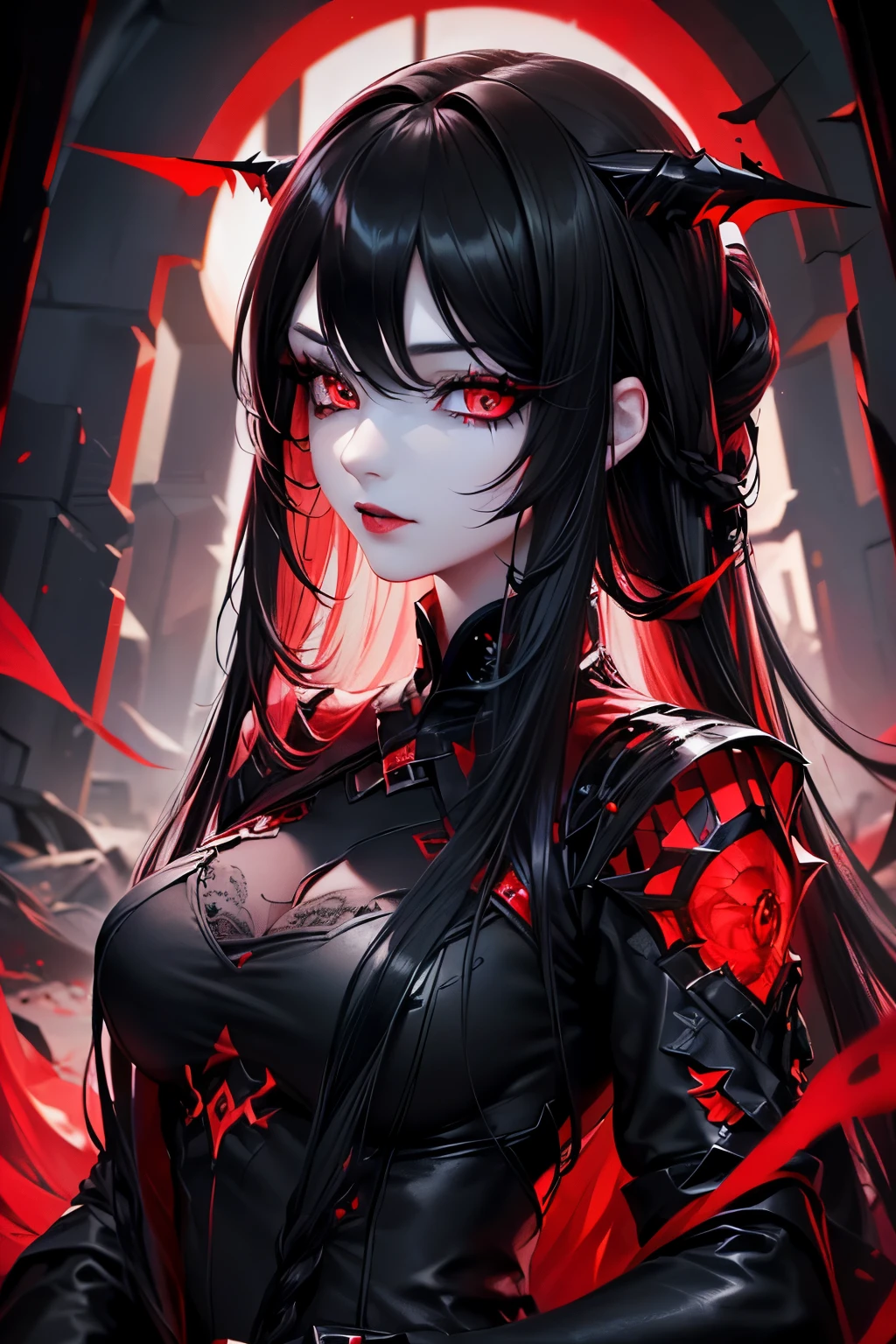 666,4K quality:1.2,1girl,sense of deps,Super beautiful illustration,((black color,long hairstyles:1.3)),eye shadow,(((4k,super beautiful,In detail,red eyes))),bright red lipstick,;D,beautiful and delicate hair