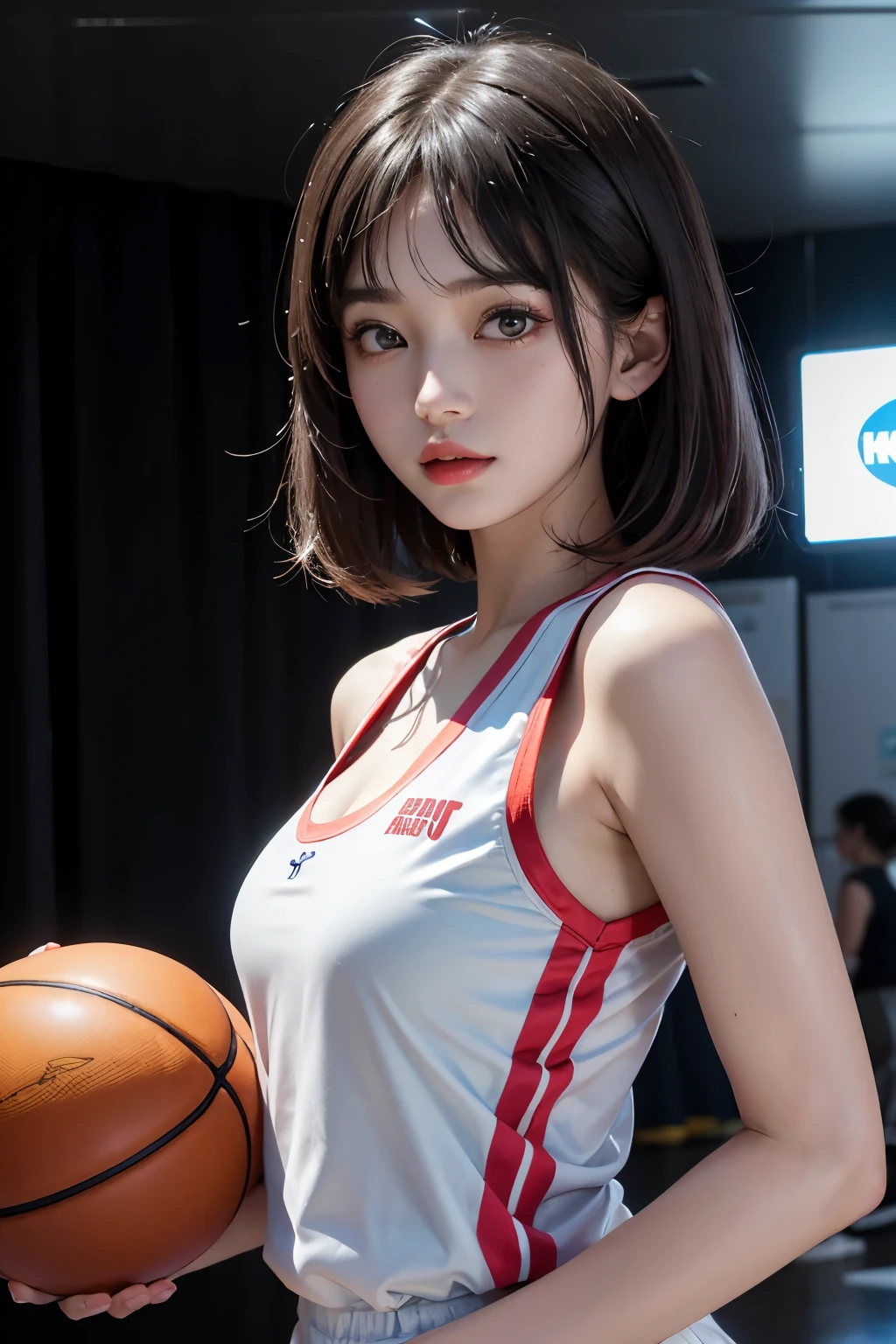 (RAW photo,4k,master piece,High resolution,very complicated)(reality的:1.4),映画のような照明 face立ちの繊細な女の子 1 , single focus, Looks like a whole body,summer afternoon, play basketball,black uniform、thermography, 1990s\(with style\),white skin,(the biggest,cleavage), (highest quality), (High resolution), (very delicate and beautiful),,(Beautiful 8K face),(brown eyes),(Ulzzang-6500:1.0),(big breasts),(NBA),(basketball sportswear),((play basketball)),((Gym)),((speed)),(reality),(Chiayi:1.5), closeup cleavage, master piece, best quality, RAW photo撮影, reality的, face, incredibly ridiculous resolution, beautiful girl, adorable, short and fine hair, Depth of the bounds written, High resolution, super detailed, small details, very detailed, 非常に詳細な目とface, sharp pupils, reality的な生徒, fix a sharp focus, cinematic lighting