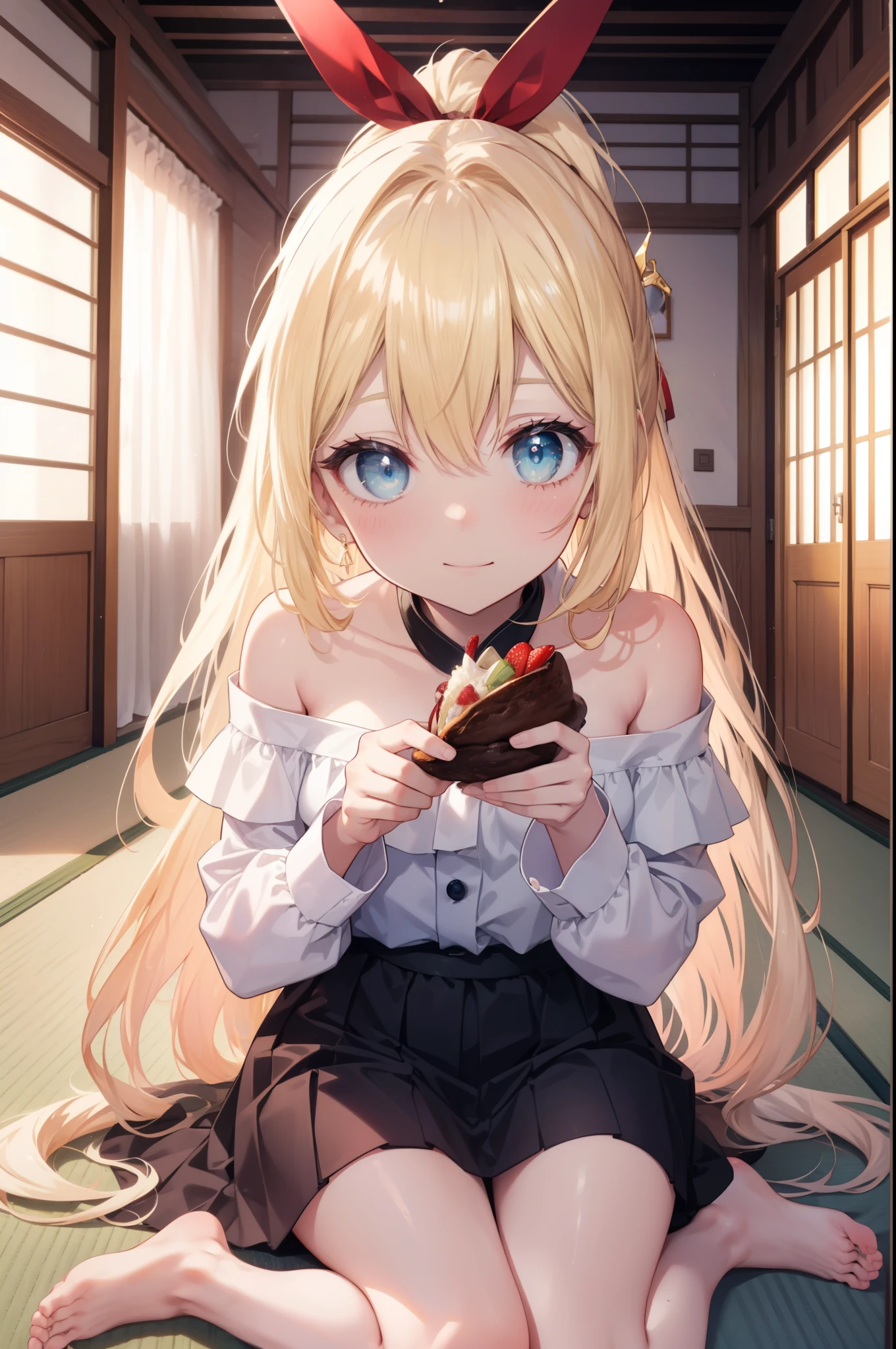 Sengetsukirisaki, chitoge kirisaki, blonde hair, blue eyes,ponytail, blush,smile,hair ribbon, long hair, red ribbon, ribbon,off shoulder dress,mini skirt,barefoot,There&#39;s a lot of food on the table,tatamiの上に座ってる,幸せな雰囲気
break indoors, room(tatami),
break looking at viewer, break (masterpiece:1.2), highest quality, High resolution, unity 8k wallpaper, (figure:0.8), (detailed and beautiful eyes:1.6), highly detailed face, perfect lighting, Very detailed CG, (perfect hands, perfect anatomy),