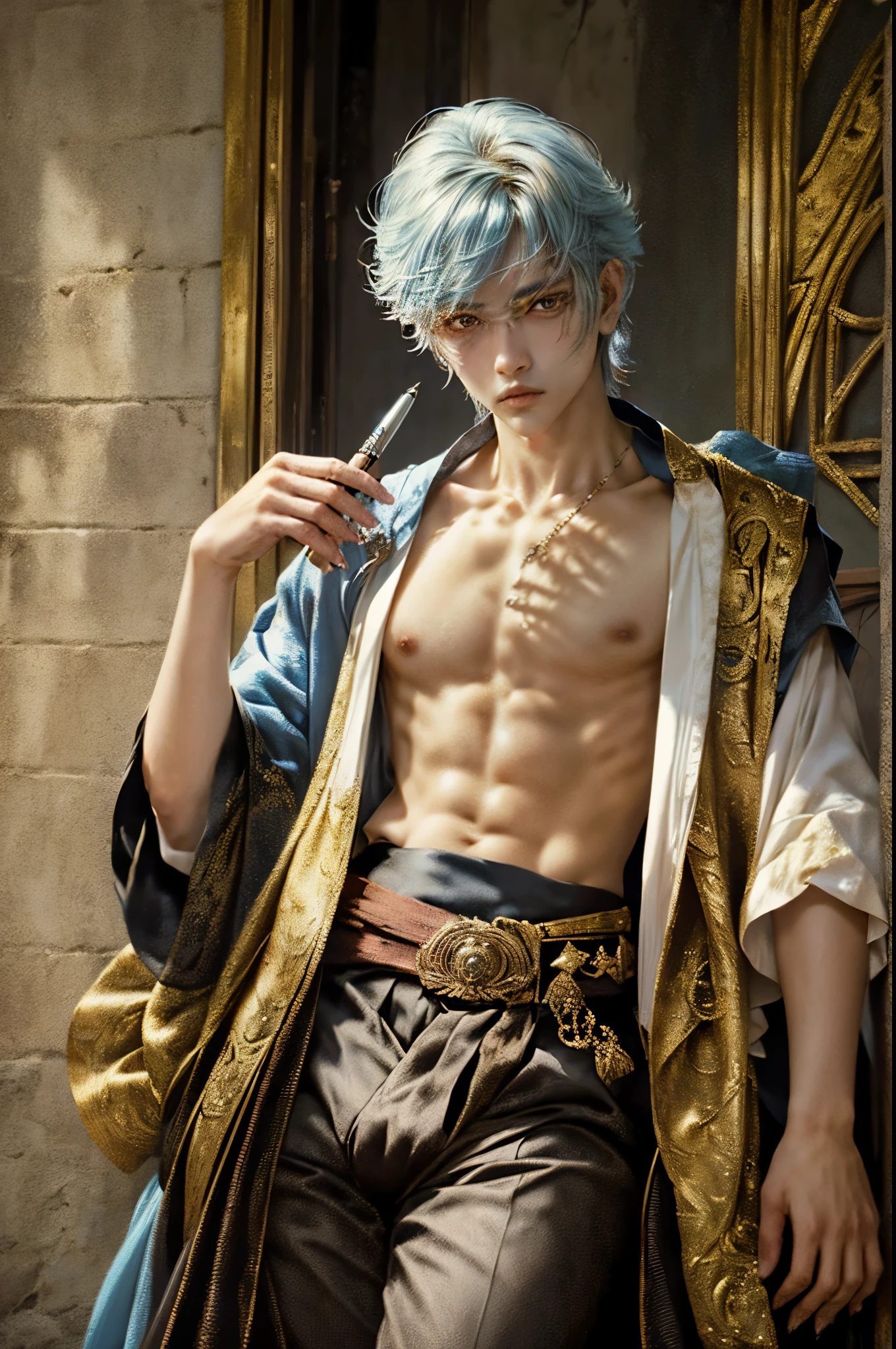 Arafed man in white shirt and brown pants holding a pen., young pale angel, beautiful androgynous prince, delicate androgynous prince, chico guapo en el arte de Demon Slayer, obra de arte al estilo de guweiz, por Yang J., keqing del impacto genshin, winged , guweiz, zhongli del impacto genshin