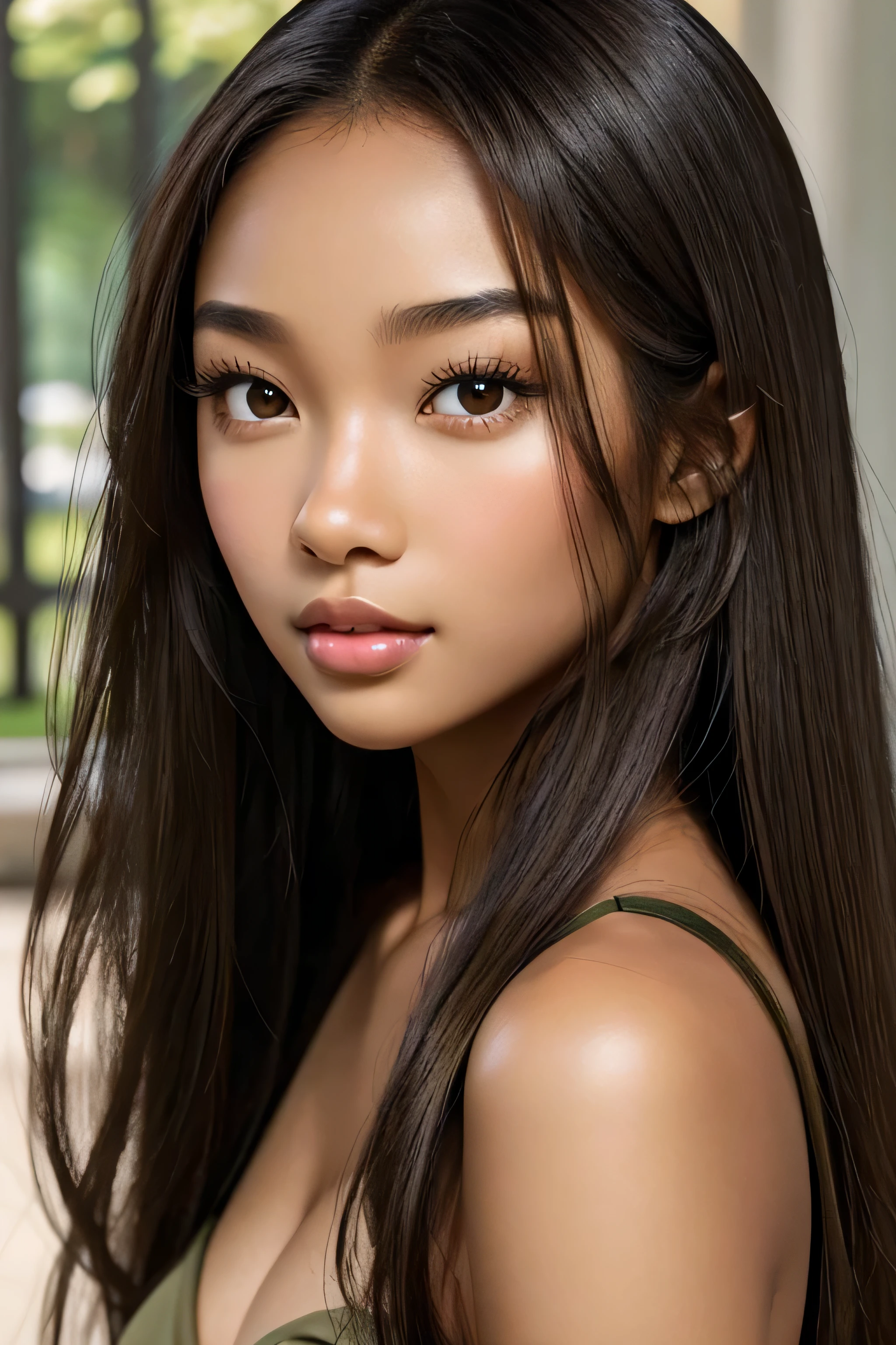 Best quality, beautiful blasian mixed woman,olive skin, long dark hair, natural face, no makeup, monolid