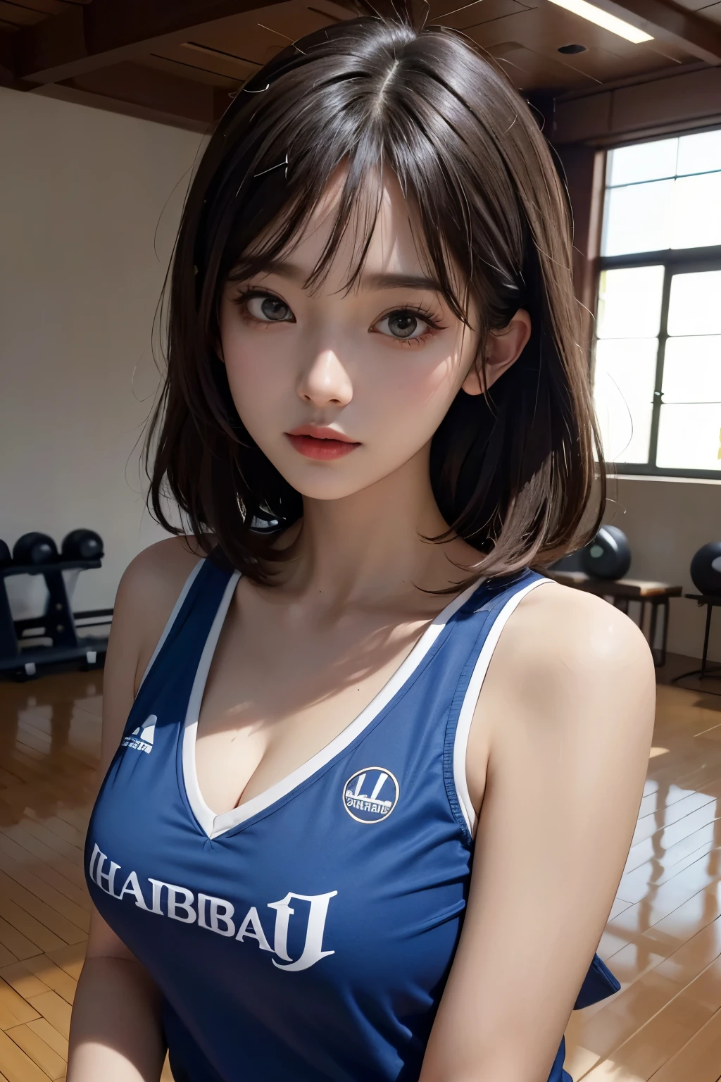 (RAW photo,4k,master piece,High resolution,very complicated)(reality的:1.4),映画のような照明 face立ちの繊細な女の子 1 , single focus, Looks like a whole body,summer afternoon, play basketball,Blue uniform、thermography, 1990s\(with style\),white skin,(the biggest,cleavage), (highest quality), (High resolution), (very delicate and beautiful),,(Beautiful 8K face),(brown eyes),(Ulzzang-6500:1.0),(big breasts),(NBA),(basketball sportswear),((play basketball)),((Gym)),((speed)),(reality),(Chiayi:1.5), closeup cleavage, master piece, best quality, RAW photo撮影, reality的, face, incredibly ridiculous resolution, beautiful girl, adorable, short and fine hair, Depth of the bounds written, High resolution, super detailed, small details, very detailed, 非常に詳細な目とface, sharp pupils, reality的な生徒, fix a sharp focus, cinematic lighting