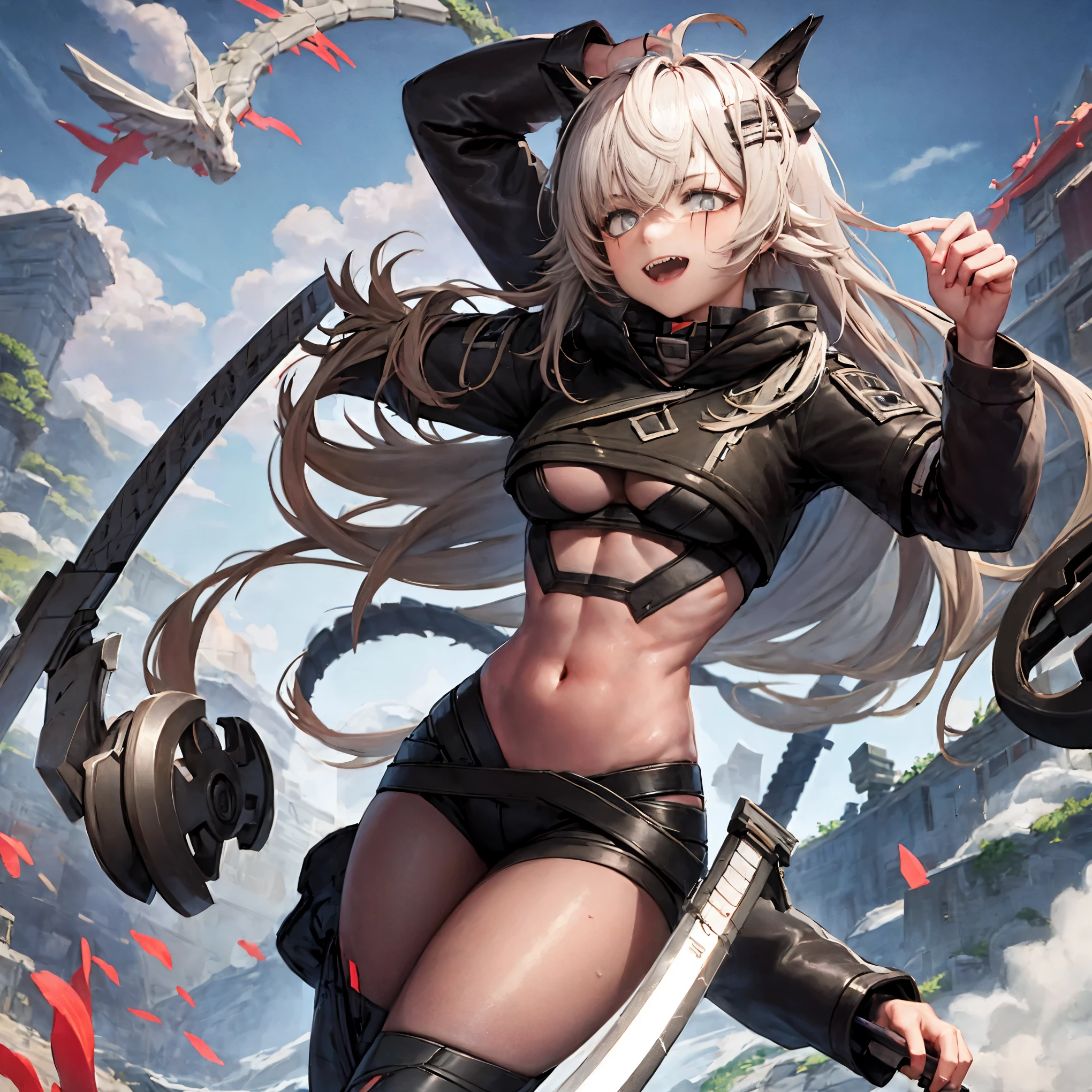 masterpiece, 8k, resolution, high quality, high resolution, best quality, extremally detailed, best resolution, absurd resolution, ray tracing, high detailed, masterpiece, extremely detailed,detailed angelic face, shoulder length white hair, female, 2 white fox ears, age girl, slime body, white scale dragon tail, military boots,black leggings, military combat pants, black T-shirt, white jacket open, medium size chest, detailed blue eyes,solo female,1 dragon tail, tomboyish, thick dragon tail, white scales, 2 dragon wings, white fluffy dragon wings, detailed face, holding a katana sword,very detailed, amazing details,solo female, 1 female, detailed dragon wings