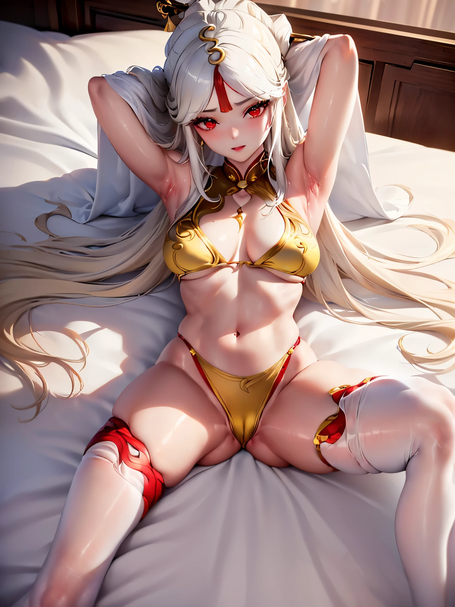 UHD,textured skin, high details, anatomically correct,SOLO,(1 Female,red eyes,white long hair,A golden hairpin),(wearing A loose bikini cheongsam)(Silk Stockings:1.4)，(Spreading legs:1.7),(Lying on the bed:1.7)(The bedroom),(hands behind her head:1.7)