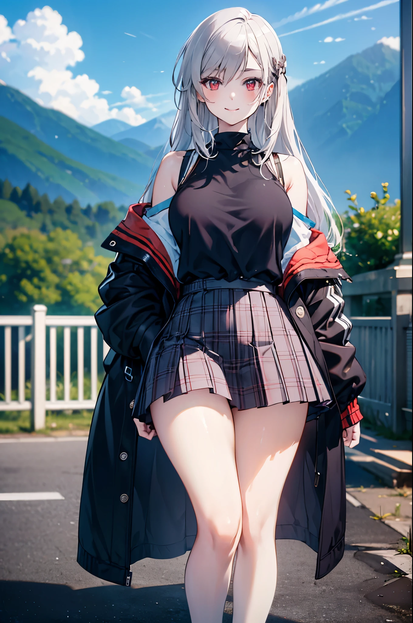 realistic image, coherent image, detailed image, 1 beautiful girl. She has silver hair, long hair, red eyes, long eyelashes. Her face is oval and delicate, smiling. She is wearing a long-sleeved, shoulder-baring, off-shoulder top, plaid pleated mini skirt, sneakers, and mid-thigh stockings. She has a curvy body, medium breasts, thick thighs, background of a mountainous landscape, surrounded by mountains, natural lighting, volumetric lighting