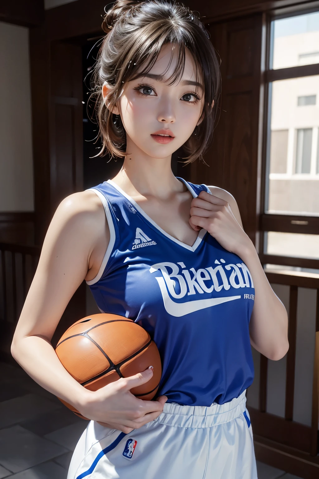(RAW photo,4k,master piece,High resolution,very complicated)(reality的:1.4),映画のような照明 face立ちの繊細な女の子 1 女の子, single focus, Looks like a whole body,summer afternoon, play basketball,Blue uniform、thermography, 1990s\(with style\),white skin,(the biggest,cleavage), (highest quality), (High resolution), (very delicate and beautiful),,(Beautiful 8K face),(brown eyes),(Ulzzang-6500:1.0),(big breasts),(NBA),(basketball sportswear),((play basketball)),((Gym)),((speed)),(reality),(Chiayi:1.5), closeup cleavage, master piece, best quality, RAW photo撮影, reality的, face, incredibly ridiculous resolution, beautiful girl, adorable, short and fine hair, Depth of the bounds written, High resolution, super detailed, small details, very detailed, 非常に詳細な目とface, sharp pupils, reality的な生徒, fix a sharp focus, cinematic lighting