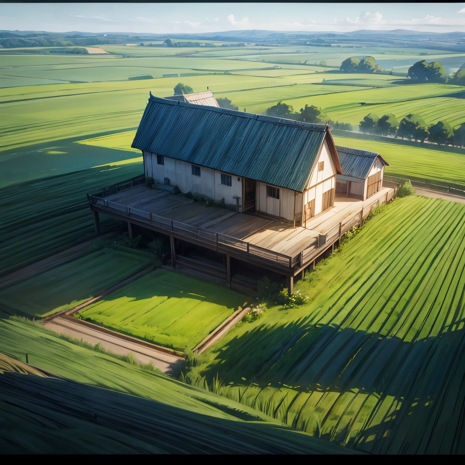 best quality, anime art style, daytime, lush green fields, peaceful atmosphere, cozy farm house, traditional porch, farm, silo, wheat,