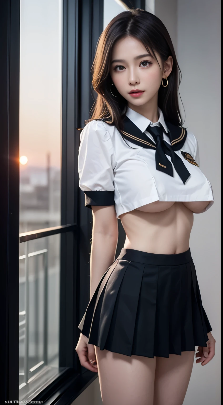 (highest quality:1.4), (hyper quality), (Super detailedな), 1 beautiful girl, Super cute, wonderful face and eyes, (Short-sleeved school uniform made of thin white fabric, black color:1.1,pleated mini skirt:1.5), (Beautiful and incredibly big breasts:1.2), (The shape of the nipple protrusions through the uniform:1.3), (uniform is not exposed:1.2), (The material of the uniform is so thin that the shape of her chest is clearly visible.:1.2), (underboob:1.3), (slender body:1.1), (thin legs), (thin waist), real skin texture, crystal clear very white skin, (bangs), earrings, bright and shiny lips, beautiful goddess advent, beautiful background, golden ratio, conceptual art, Super detailed, Accurate, advanced details, outdoors, sexy art, surrounded by a beautiful sunset, bright light, Super delicate illustration details, Highly detailed CG integrated 8k wallpaper, RAW photo, professional photos, cinematic lighting, Depth of the bounds written, No bra, (The nipple protrusions push up the uniform), cropped tops, High heels on bare feet