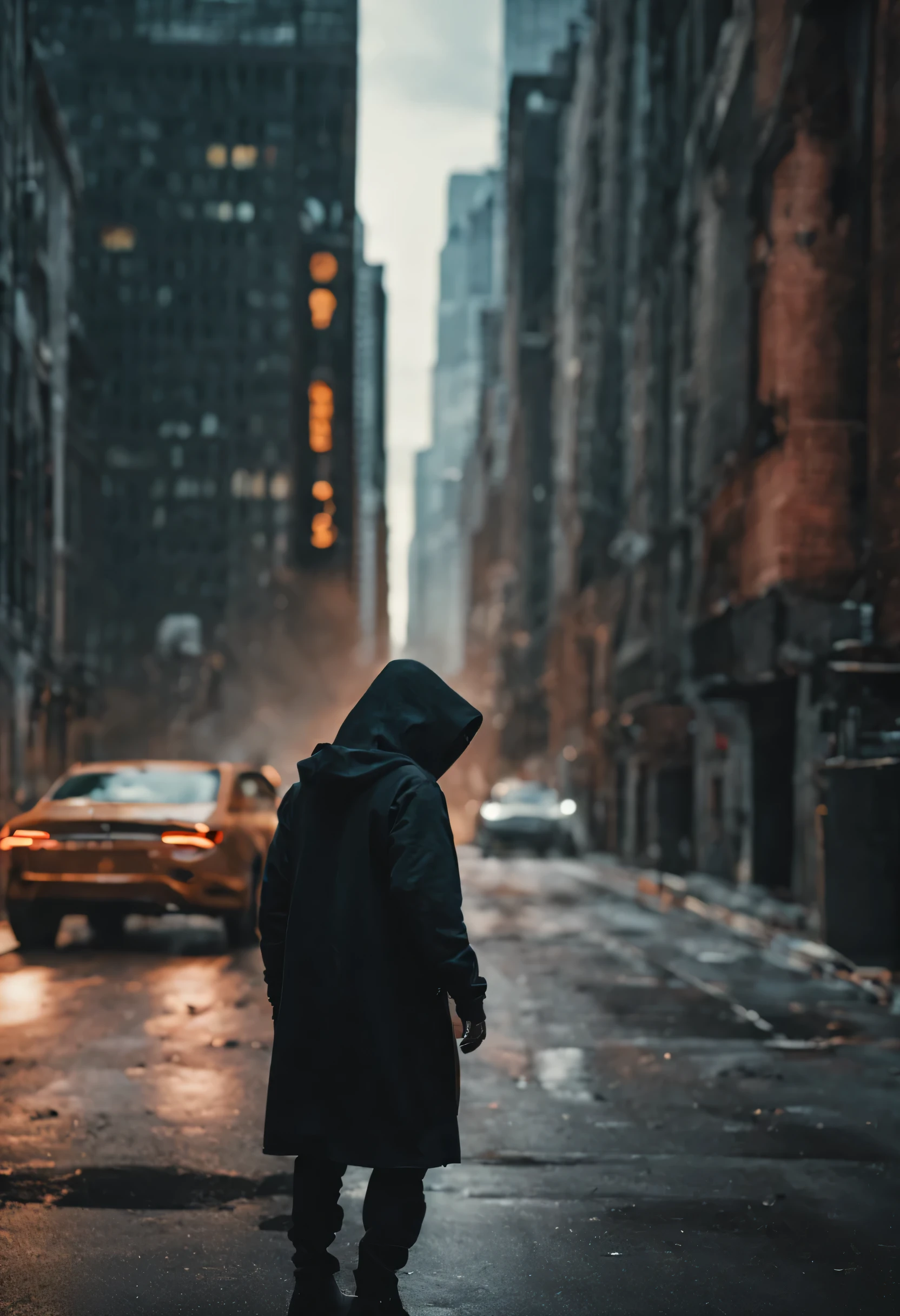 "still cinematic, medium shot on ARRI Alexa 35, A lone hooded figure using chaos magic, Discreet color classification, pop hiper-realista, ciberpunk, Chicago 2087