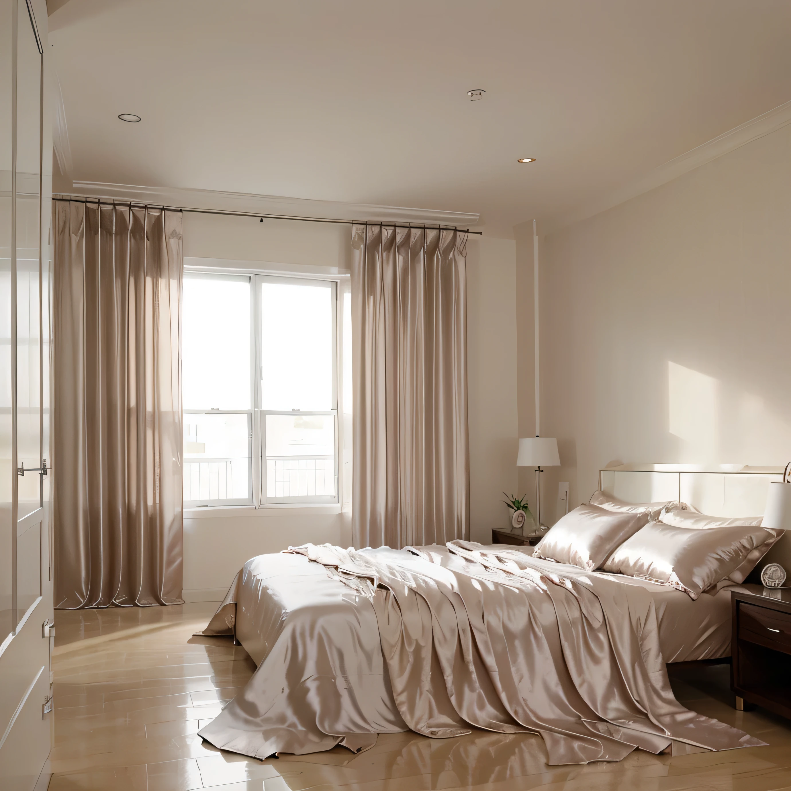 clean and fancy bedroom with glistening satin silk curtain and bedsheet