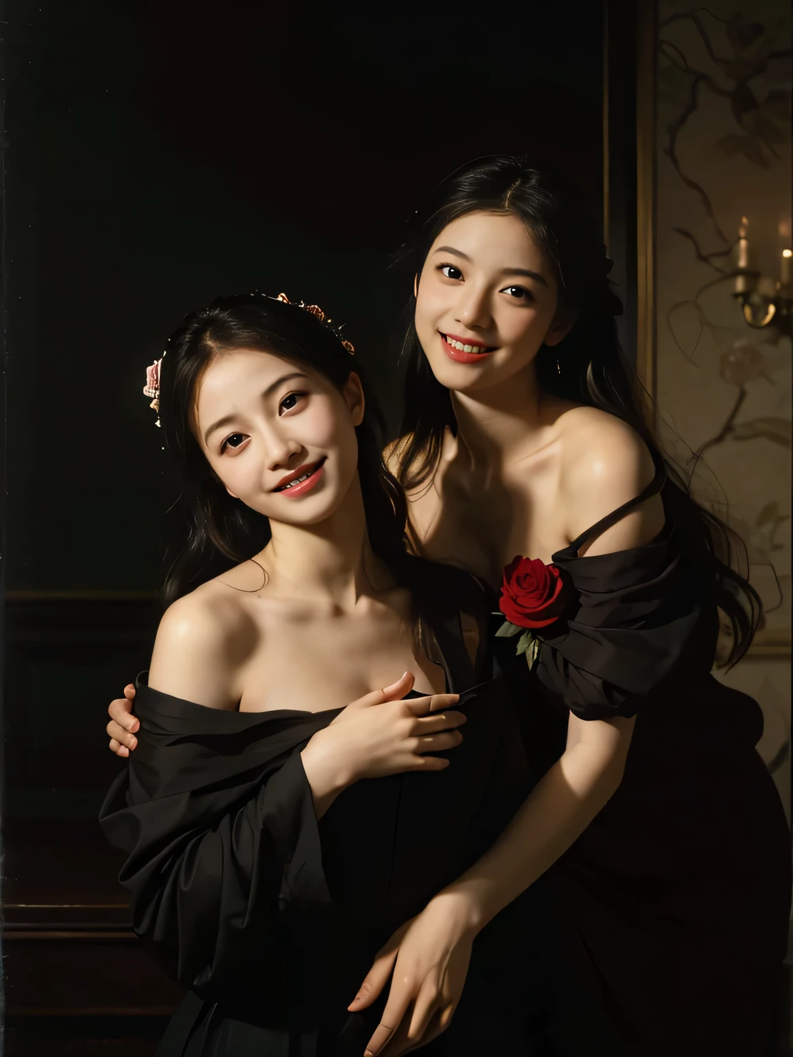 full body portrait ,fruits,Rose ,flower,Rosa,antique,A smile,,Sweet and seductive appearance.、Caravaggio's paintings、Chiaroscuro of Caravaggio,Two women frolicking,Cute smile, Expression of ecstasy