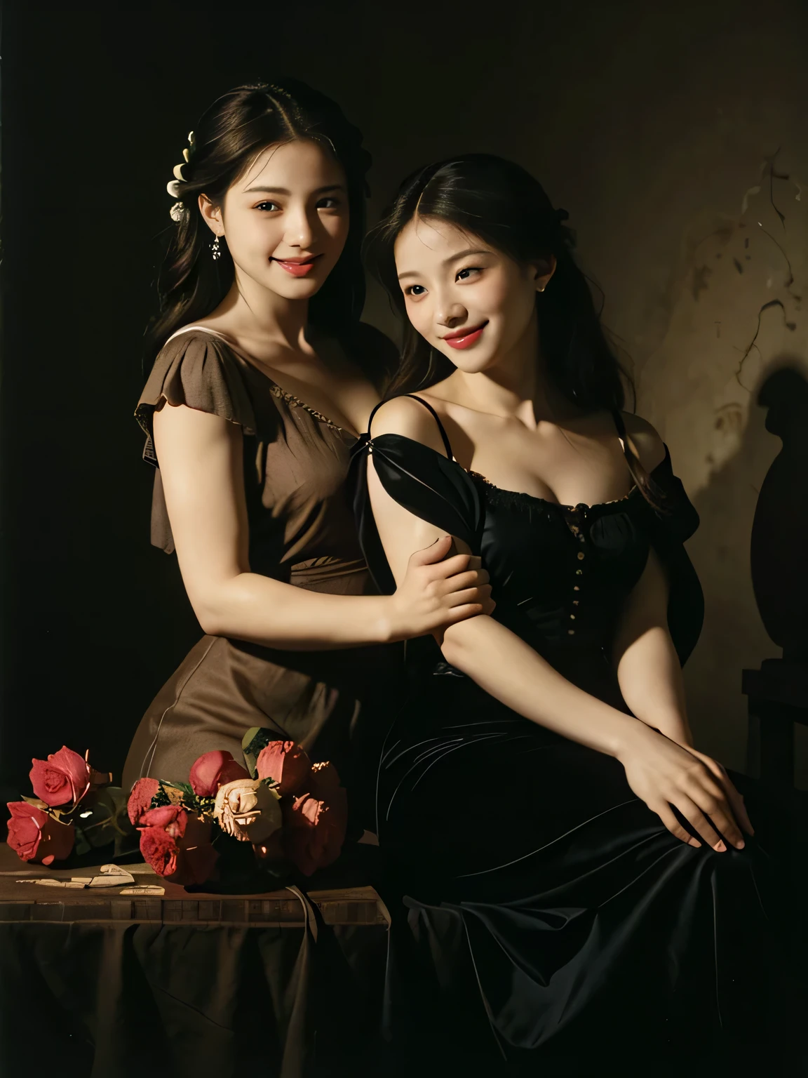 full body portrait ,fruits,Rose ,flower,Rosa,antique,A smile,,Sweet and seductive appearance.、Caravaggio's paintings、Chiaroscuro of Caravaggio,Two women frolicking,Cute smile, Expression of ecstasy