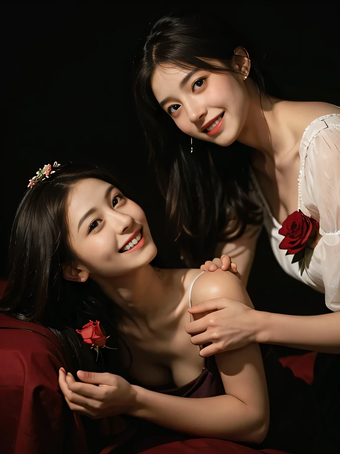 full body portrait ,fruits,Rose ,flower,Rosa,antique,A smile,,Sweet and seductive appearance.、Caravaggio's paintings、Chiaroscuro of Caravaggio,Two women frolicking,Cute smile, Expression of ecstasy