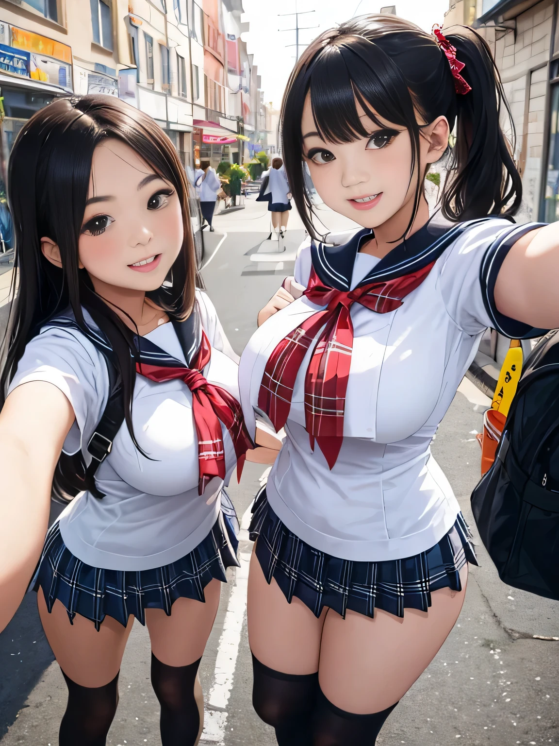 (8k、RAW photo、highest quality)、detailed background、beautiful and detailed face、beautiful and smooth skin、skin texture、professional lighting、Beautiful teenage girl、(three women)、(huge breasts)、sexy sailor suit or uniform、Pleated mini skirt with tartan plaid pattern、side pony、ponytail、cute hairstyle、ニーhigh socks、high socks、 selfie、school trip、Touch my chest playfully、laughter、smile、sexual expression、Nile Cruises、
You can also take photos with famous landmarks and symbols of your travel destination.、underboob、panty shot