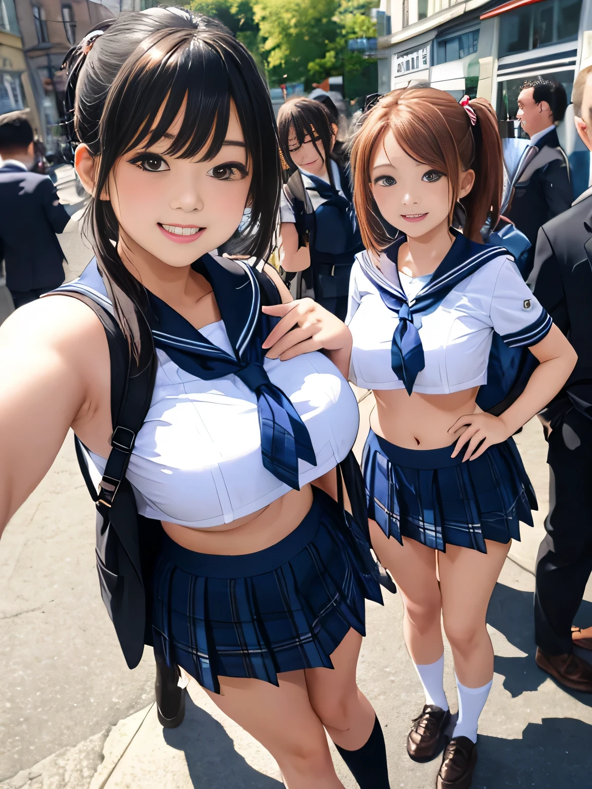 (8k、RAW photo、highest quality)、detailed background、beautiful and detailed face、beautiful and smooth skin、skin texture、professional lighting、Beautiful age girl、(three women)、(huge breasts)、sexy sailor suit or uniform、Pleated mini skirt with tartan plaid pattern、side pony、ponytail、cute hairstyle、ニーhigh socks、high socks、 selfie、school trip、Touch my chest playfully、laughter、smile、sexual expression、Nile Cruises、
You can also take photos with famous landmarks and symbols of your travel destination.、underboob、panty shot