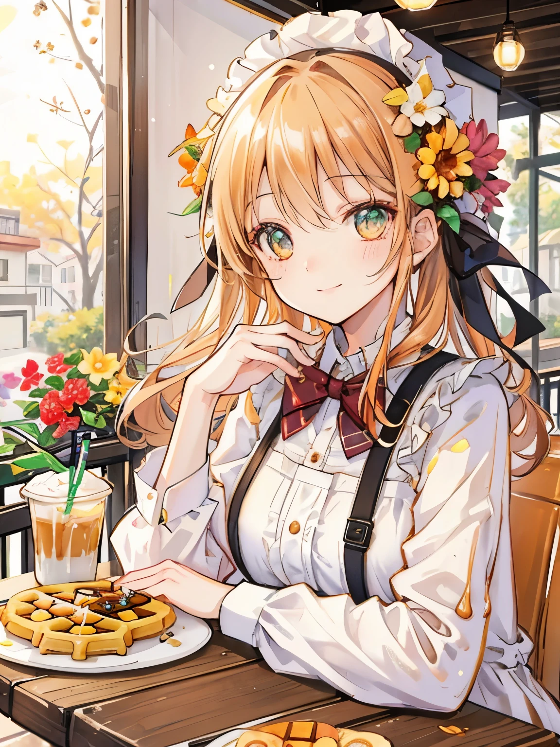 girl,(Terrace coffee shop),(Beautiful and colorful flowers are displayed outside.),(Caramel-filled waffles on a plate),(caramel colored drink),(close up of face:1.1),happy smile