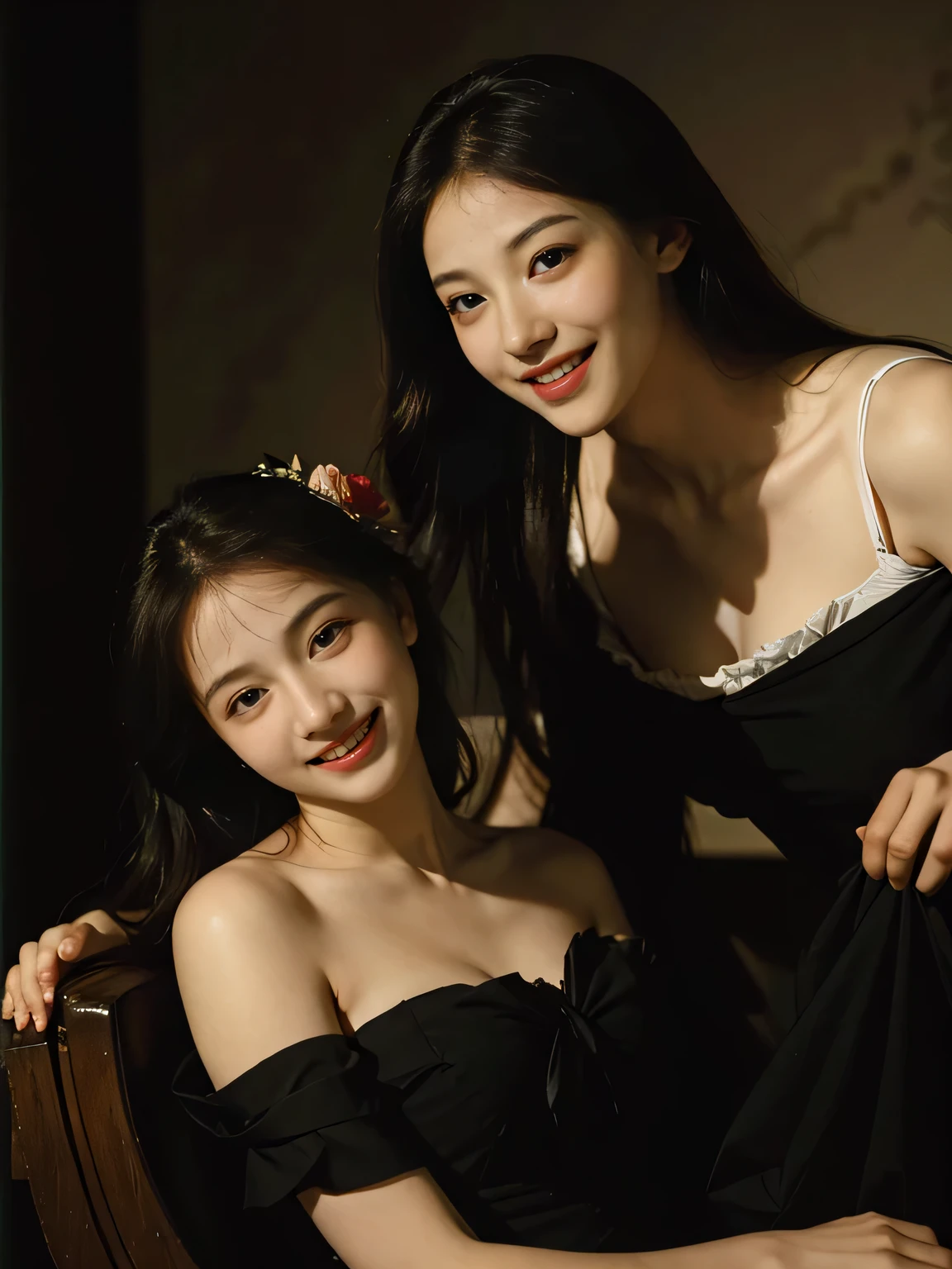 full body portrait ,fruits,Rose ,flower,Rosa,antique,A smile,,Sweet and seductive appearance.、Caravaggio's paintings、Chiaroscuro of Caravaggio,Two women frolicking,Cute smile, Expression of ecstasy